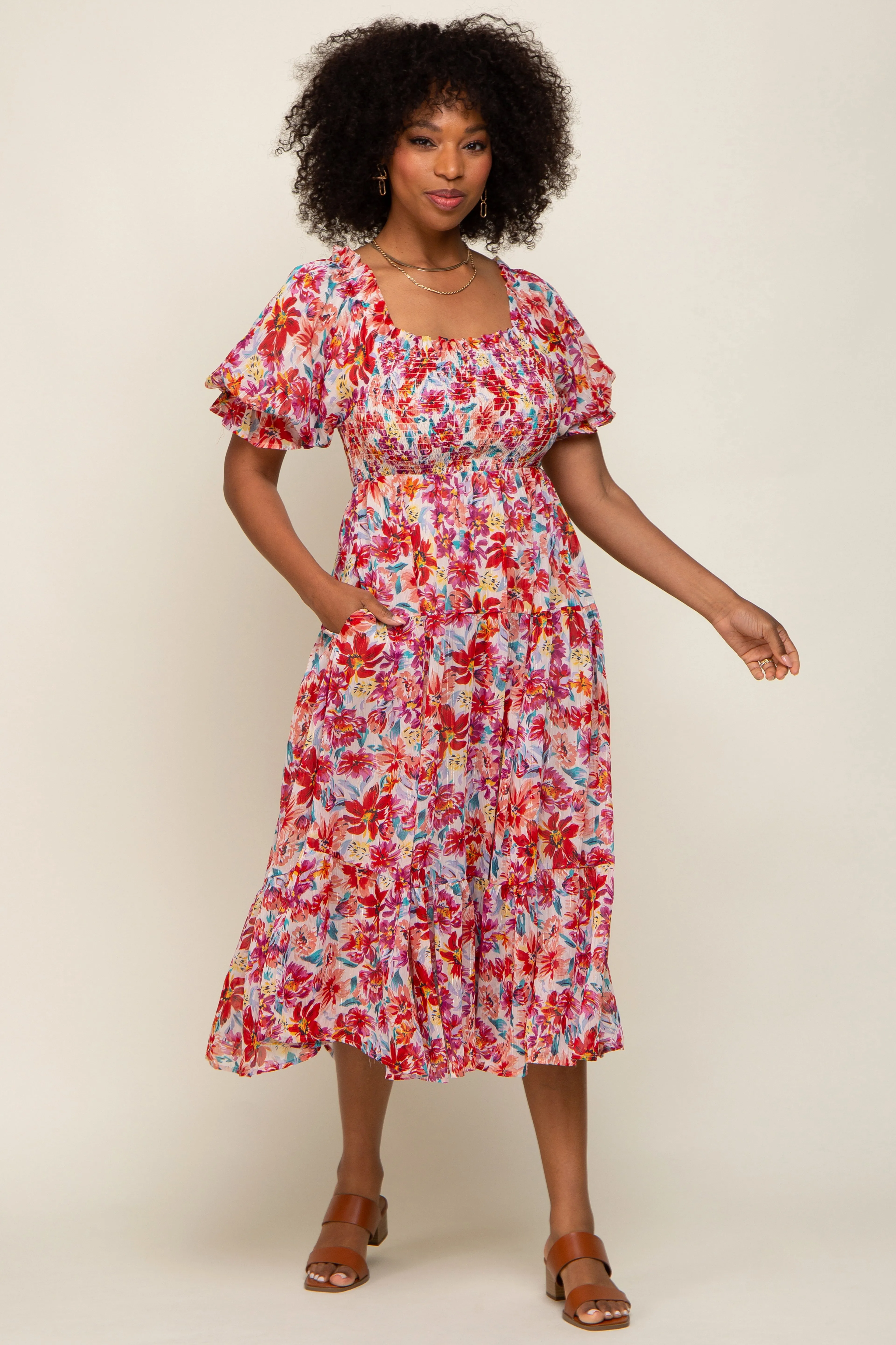 Red Floral Shimmer Chiffon Ruffle Square Neck Smocked Midi Dress sold by Pinkblush