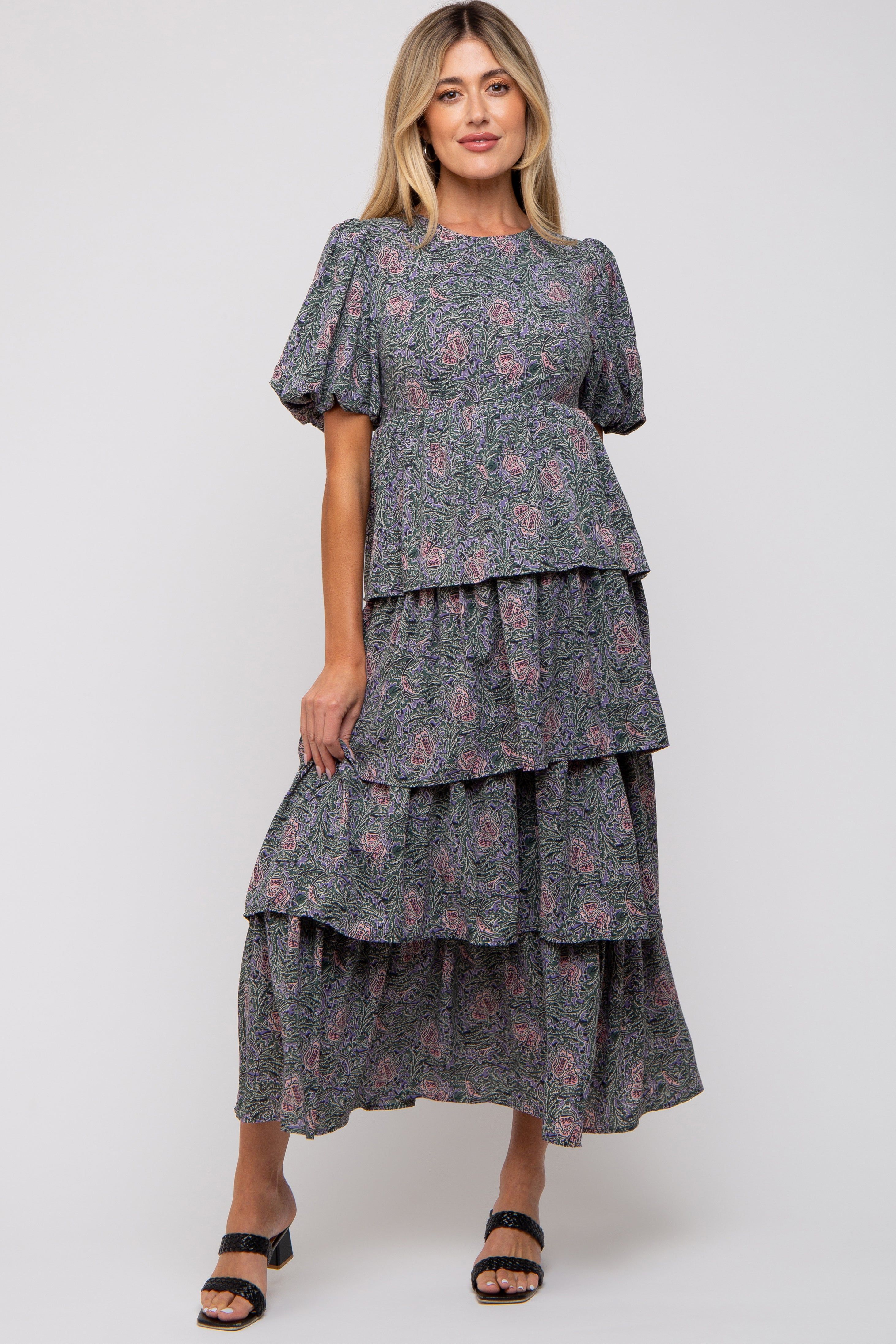 Forest Green Floral Puff Sleeve Tiered Maternity Midi Dress sold by Pinkblush product image thumbnail 4