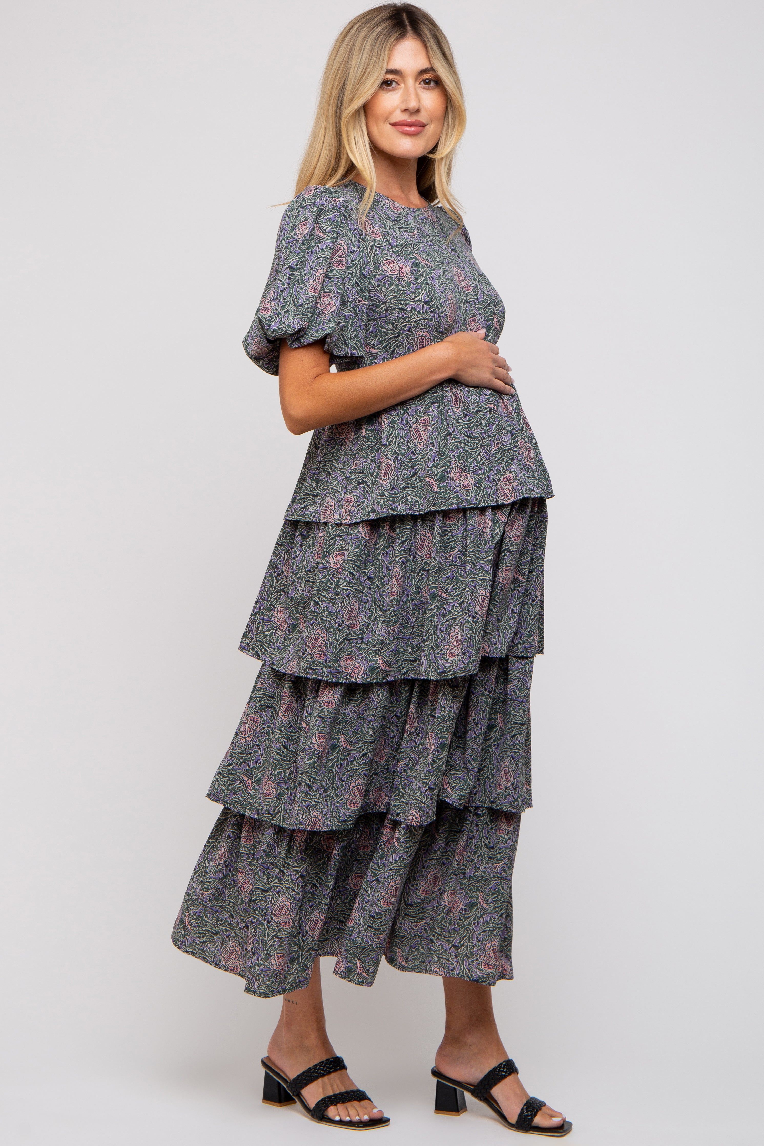 Forest Green Floral Puff Sleeve Tiered Maternity Midi Dress sold by Pinkblush