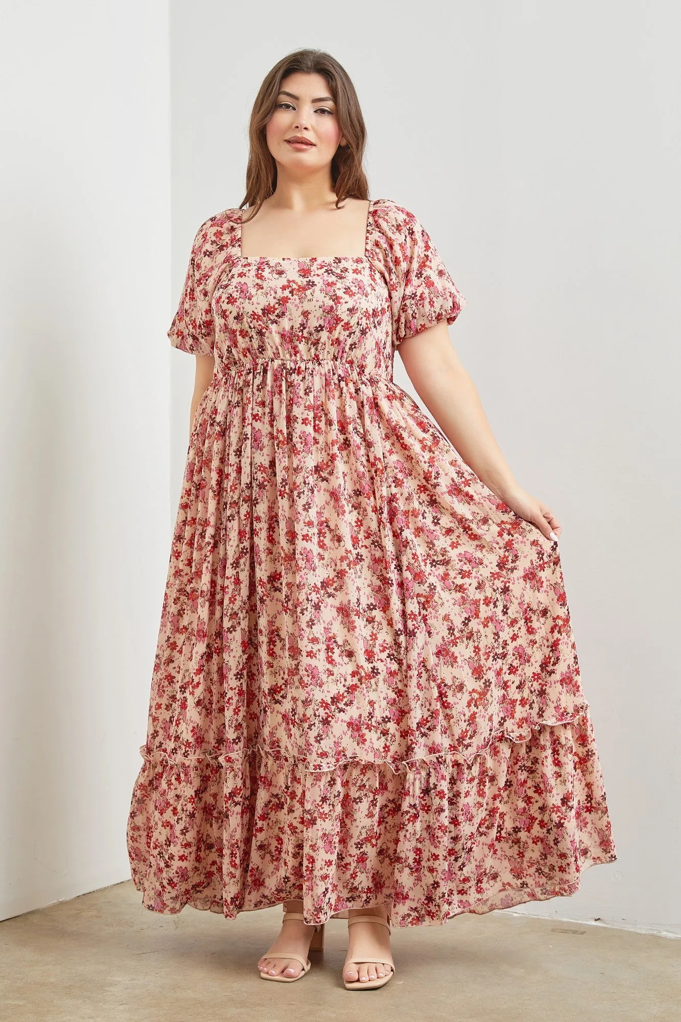 Pink Floral Puff Sleeve Plus Maxi Dress sold by Pinkblush