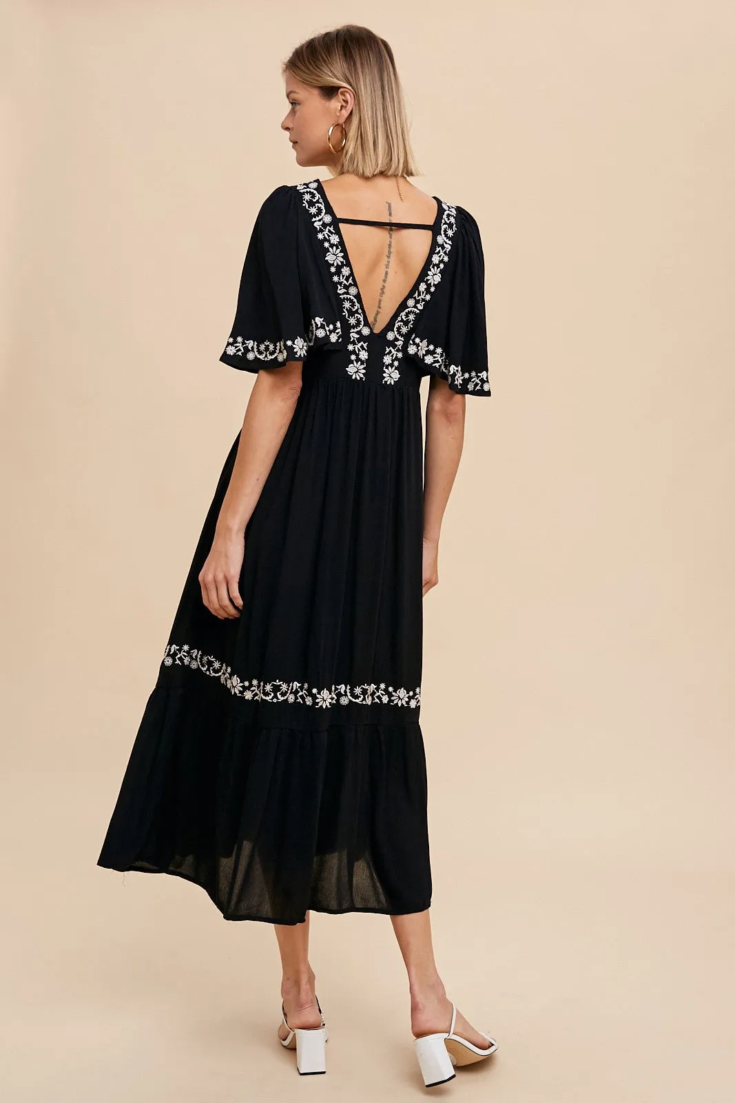 Black Embroidered V-Back Ruffle Midi Dress sold by Pinkblush product image thumbnail 3