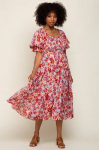 Red Floral Shimmer Chiffon Ruffle Square Neck Smocked Midi Dress sold by Pinkblush