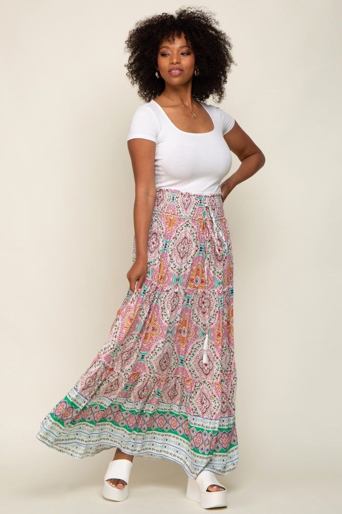 Green Printed Smocked Waist Maxi Skirt sold by Pinkblush