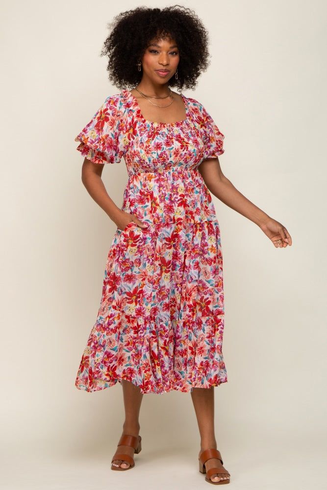 Red Floral Shimmer Chiffon Ruffle Square Neck Smocked Midi Dress sold by Pinkblush