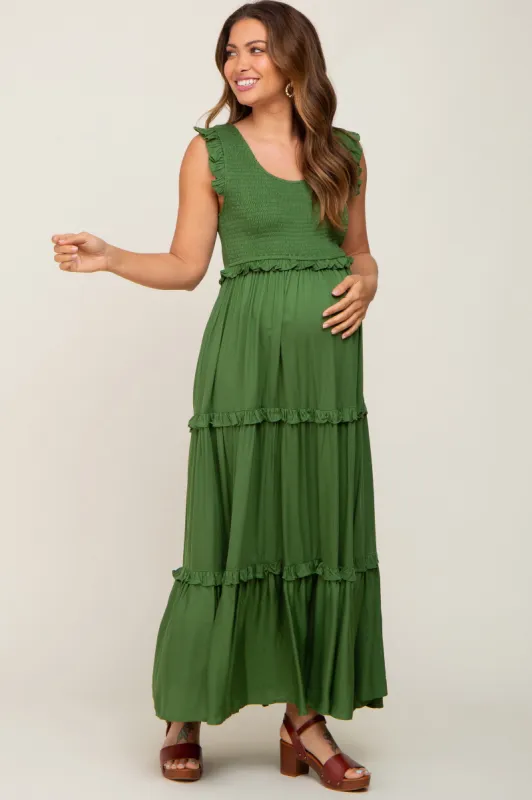 Green Smocked Ruffle Tier Maternity Maxi Dress sold by Pinkblush