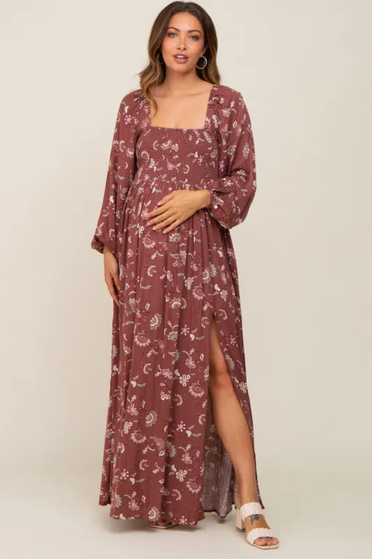 Burgundy Floral Smocked Side Slit Maternity Dress sold by Pinkblush
