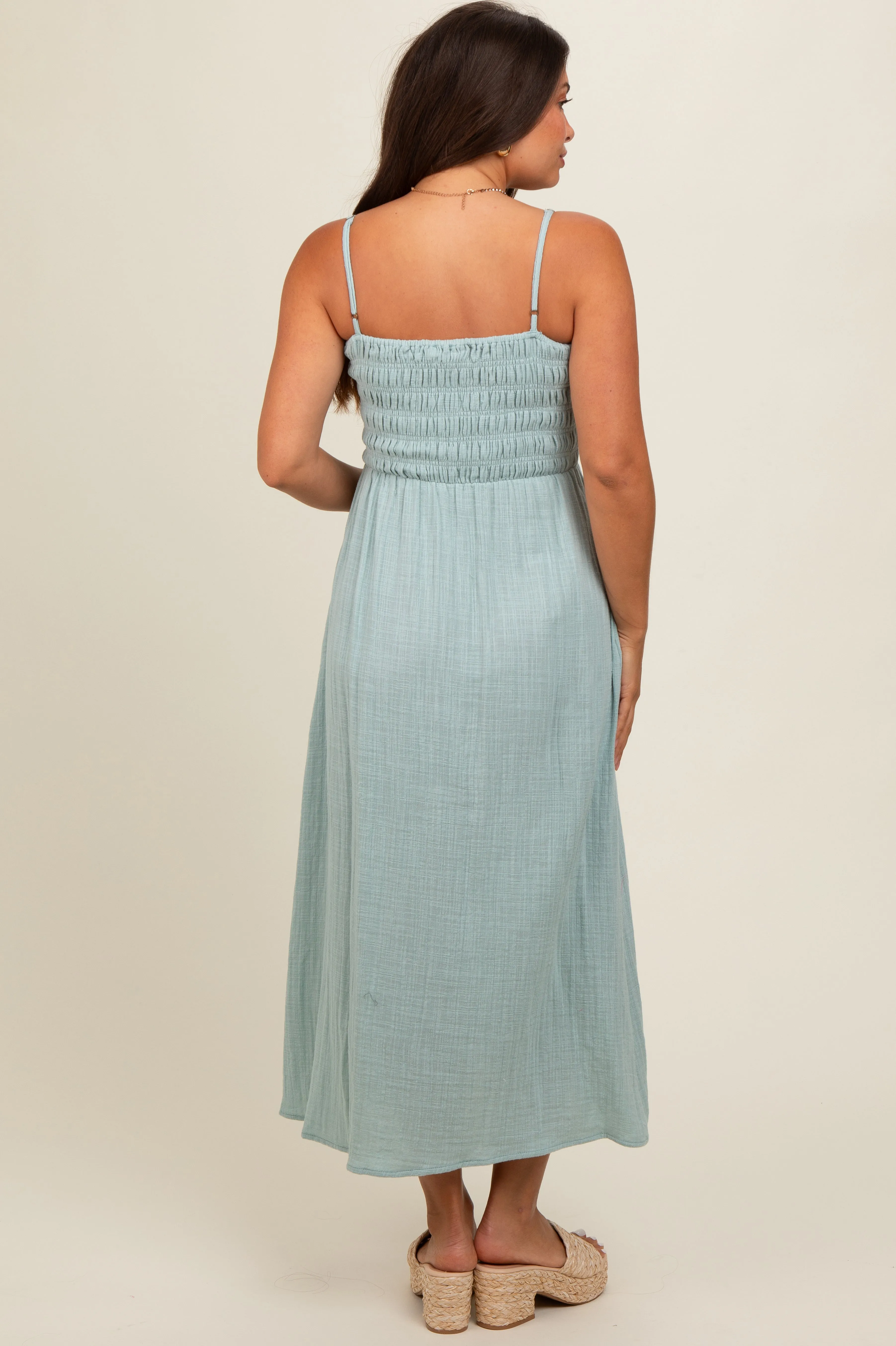 Light Olive Smocked Cotton Gauze Maternity Midi Dress sold by Pinkblush product image thumbnail 4