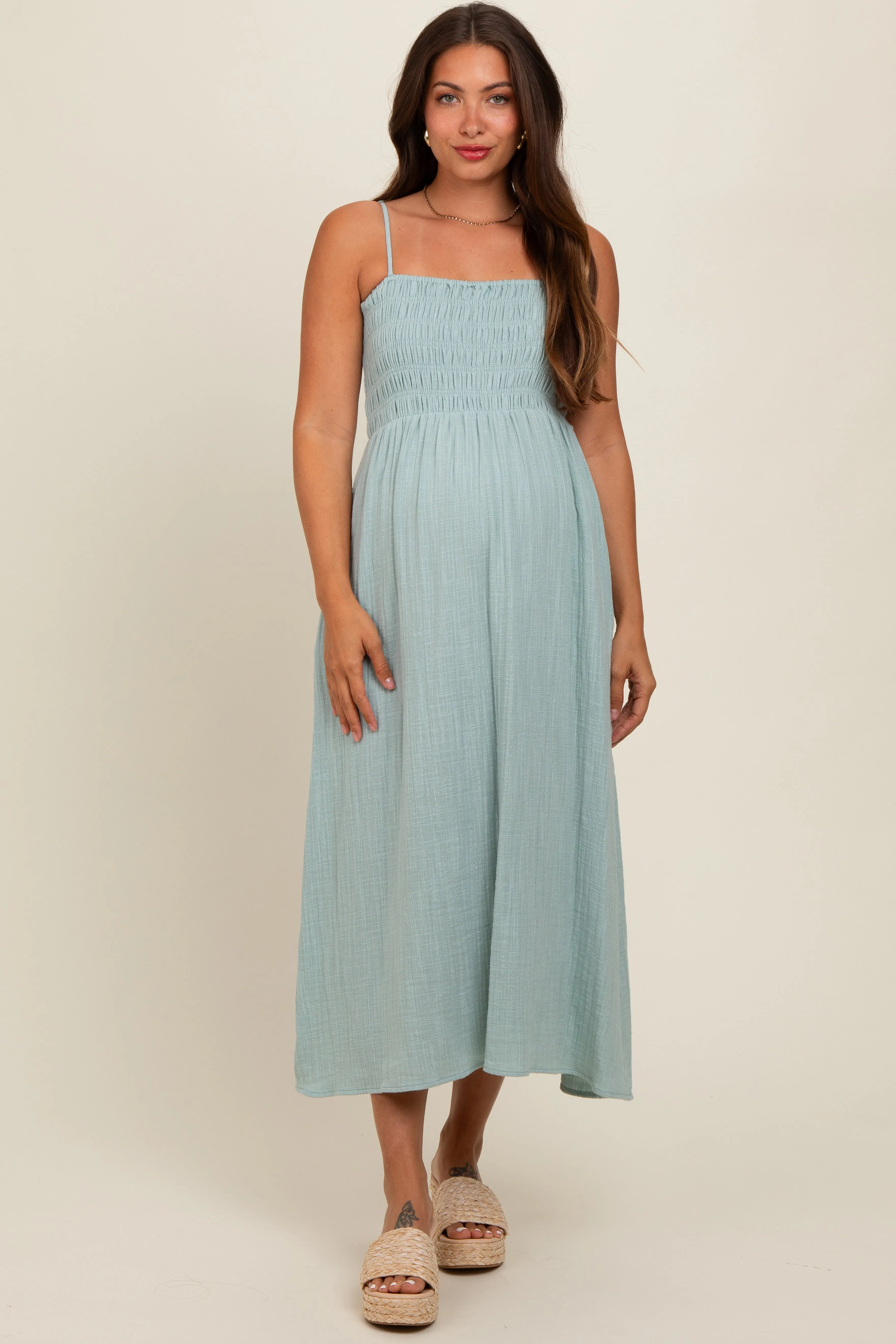 Light Olive Smocked Cotton Gauze Maternity Midi Dress sold by Pinkblush