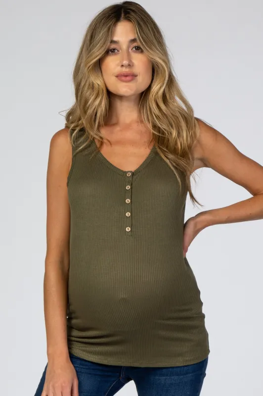 Dark Olive Ribbed Sleeveless Maternity Top sold by Pinkblush