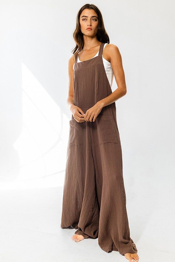 Brown Drawstring Tie Jumpsuit With Pockets sold by Pinkblush