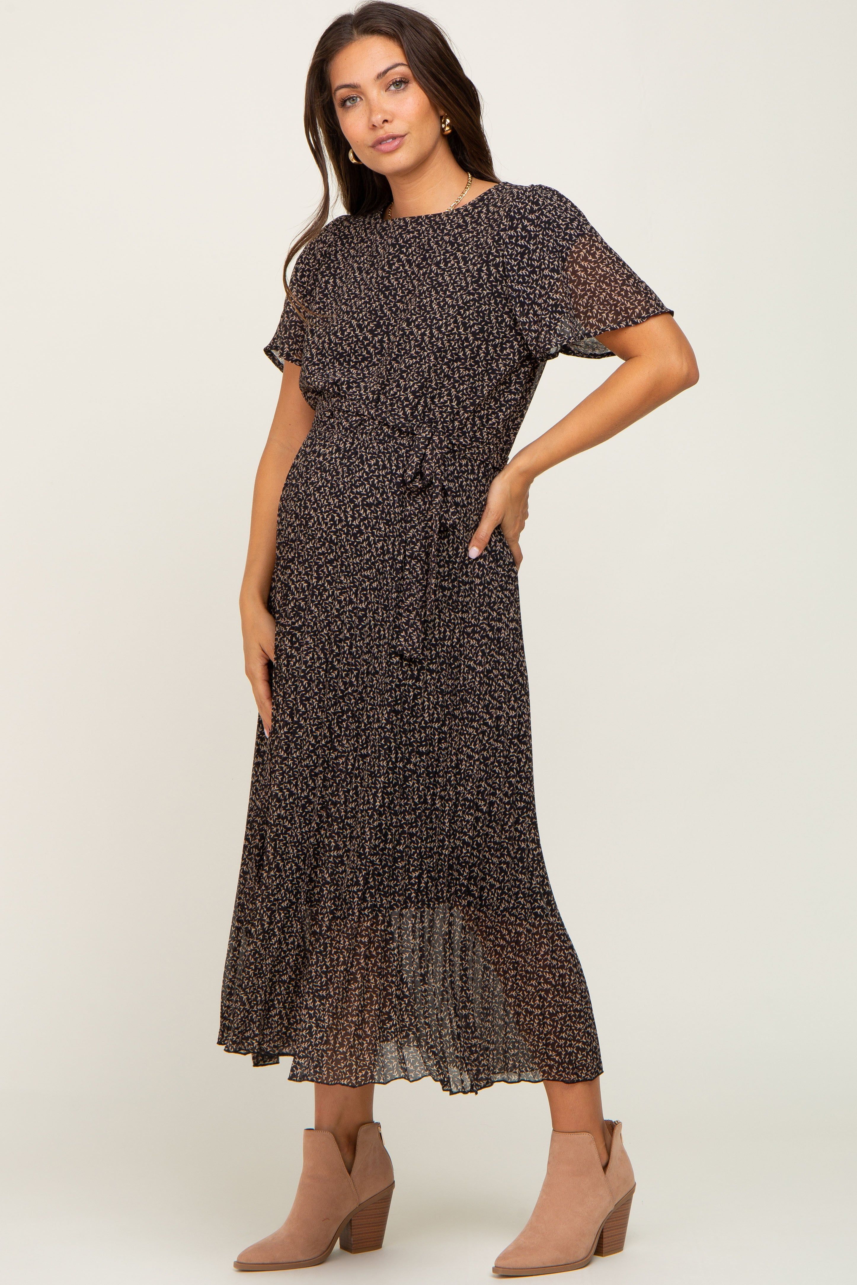 Black Floral Pleated Maternity Midi Dress sold by Pinkblush product image thumbnail 6