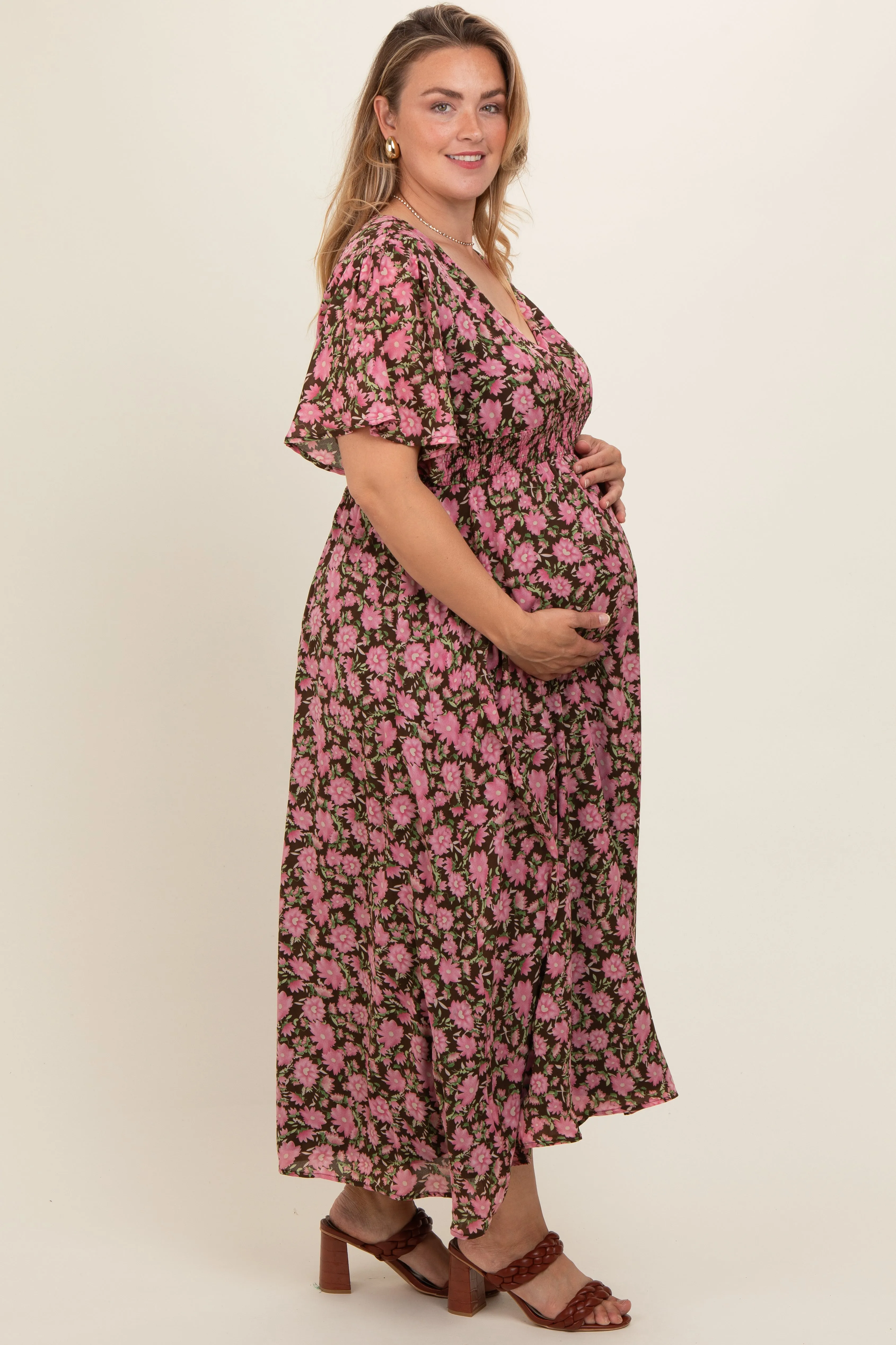 Brown Floral Smocked Waist Maternity Plus Maxi Dress sold by Pinkblush product image thumbnail 4