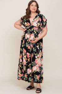 Black Floral Deep V-Neck Maternity Plus Maxi Dress sold by Pinkblush