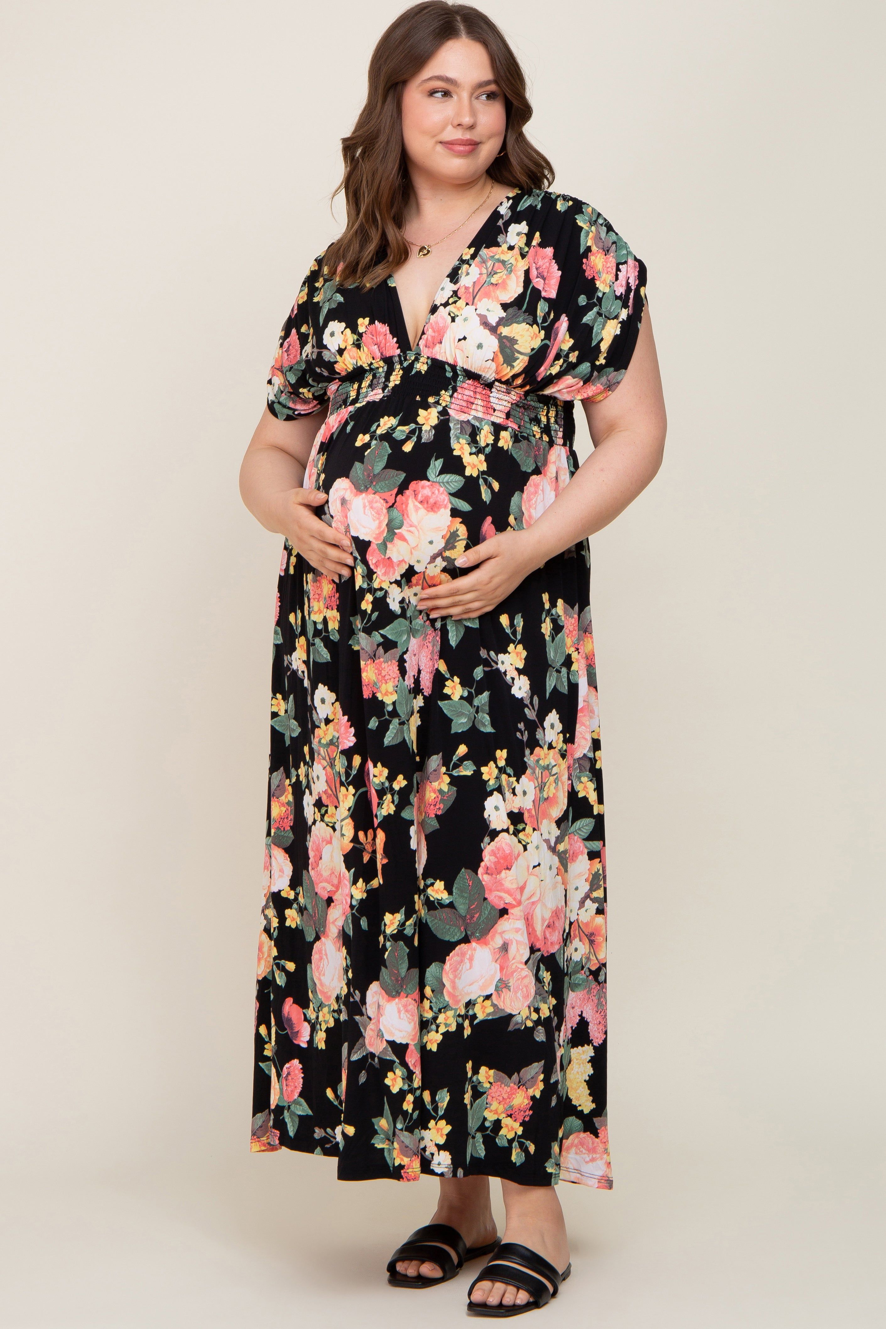 Black Floral Deep V-Neck Maternity Plus Maxi Dress sold by Pinkblush
