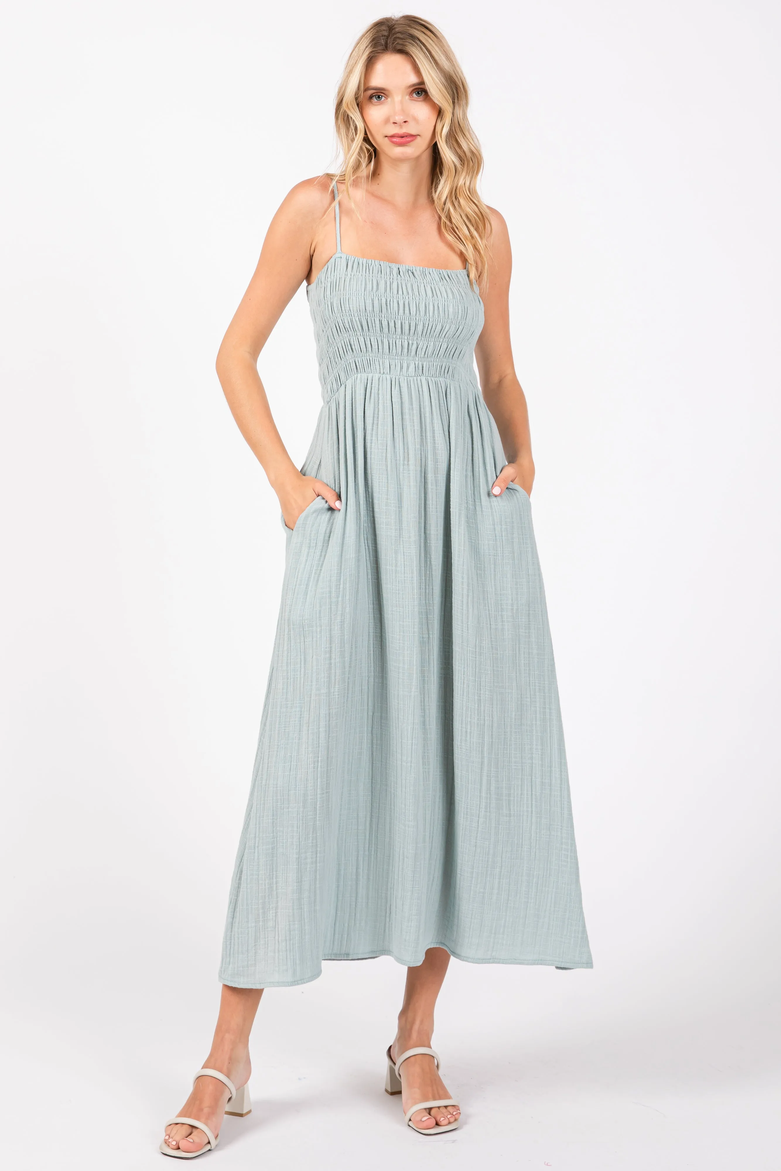 Light Olive Smocked Cotton Gauze Maternity Midi Dress sold by Pinkblush product image thumbnail 5