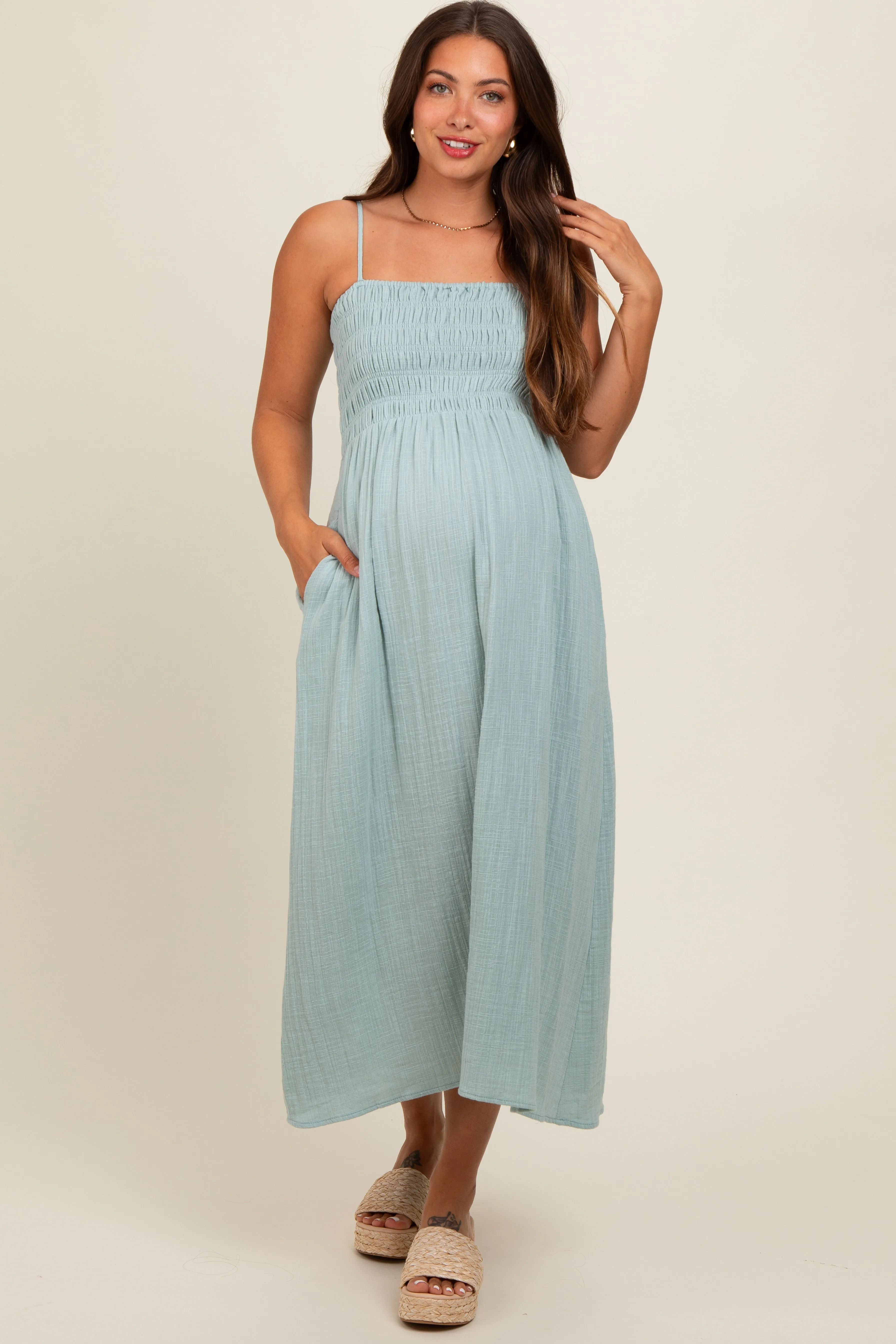 Light Olive Smocked Cotton Gauze Maternity Midi Dress sold by Pinkblush product image thumbnail 2