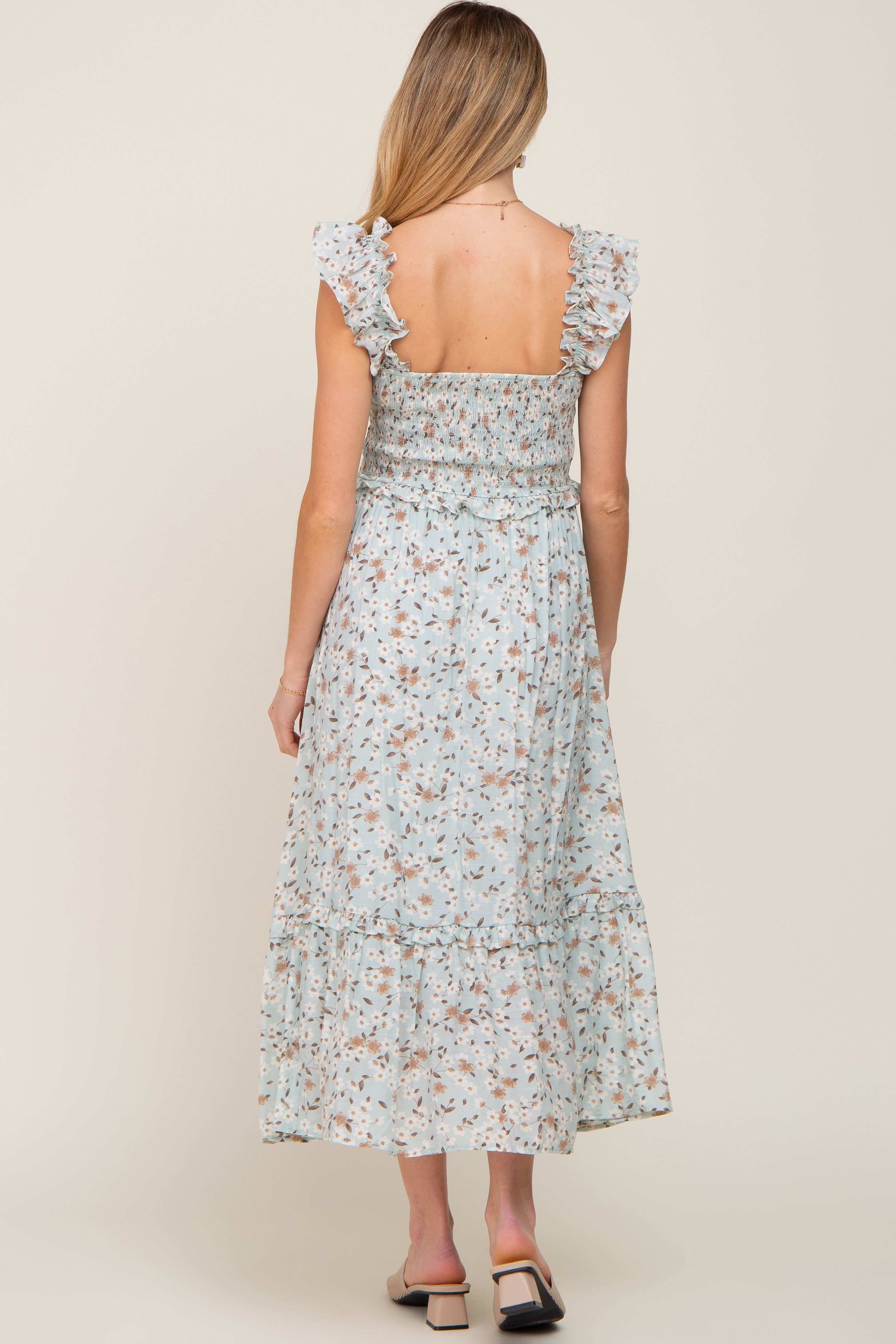 Mint Green Floral Smocked Tiered Maternity Midi Dress sold by Pinkblush product image thumbnail 3