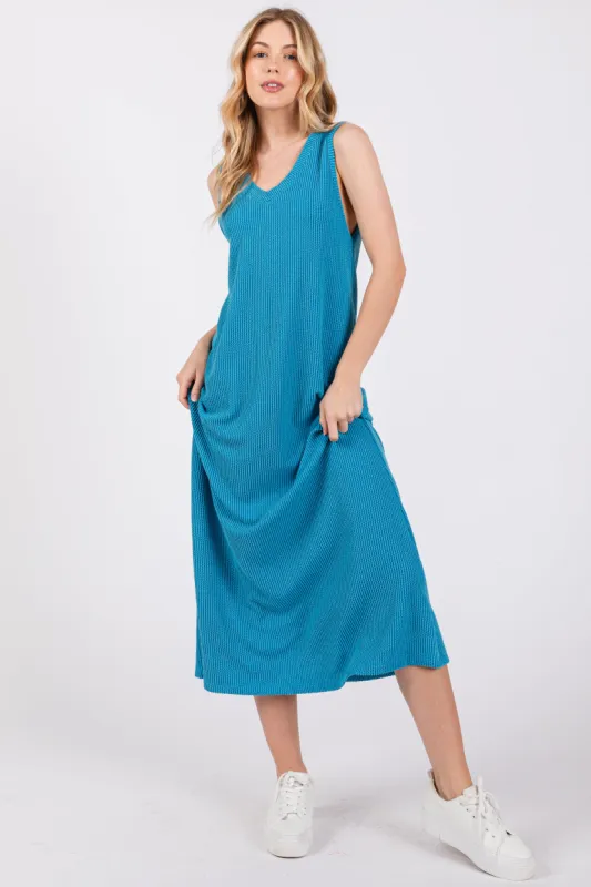 Blue Sleeveless Ribbed Maxi Dress sold by Pinkblush