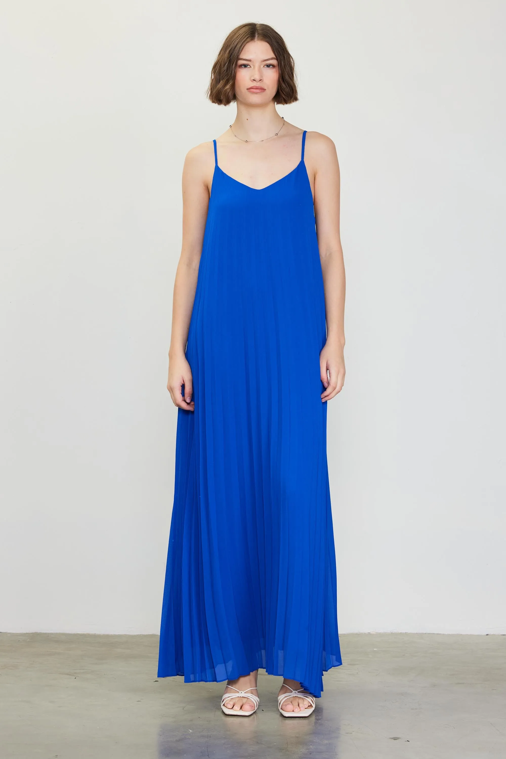 Royal Blue Pleated Sleeveless Maxi Dress sold by Pinkblush