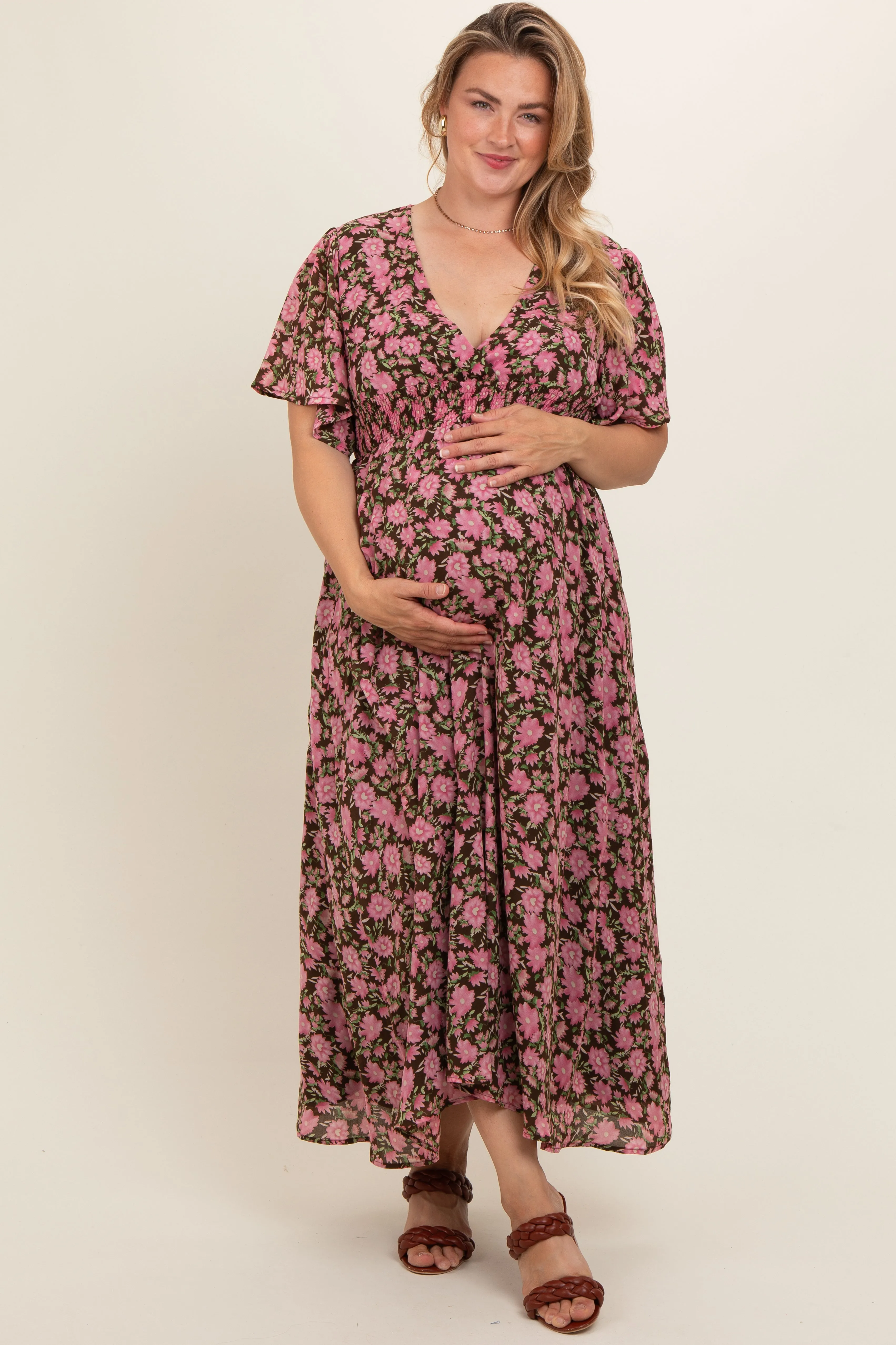 Brown Floral Smocked Waist Maternity Plus Maxi Dress sold by Pinkblush product image thumbnail 2