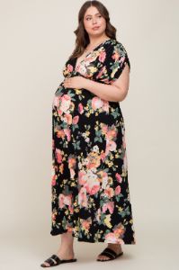 Black Floral Deep V-Neck Maternity Plus Maxi Dress sold by Pinkblush