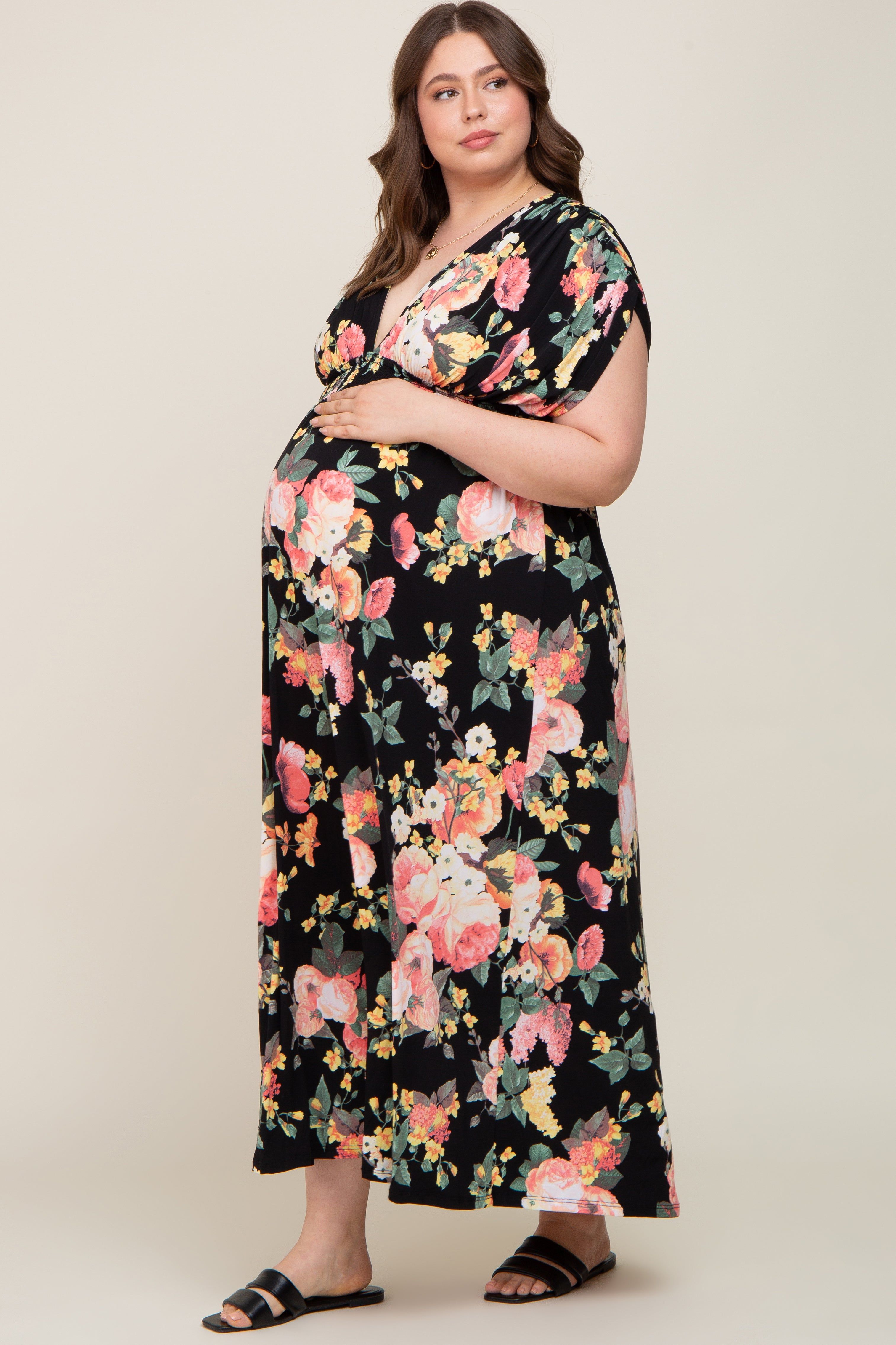 Black Floral Deep V-Neck Maternity Plus Maxi Dress sold by Pinkblush product image thumbnail 2