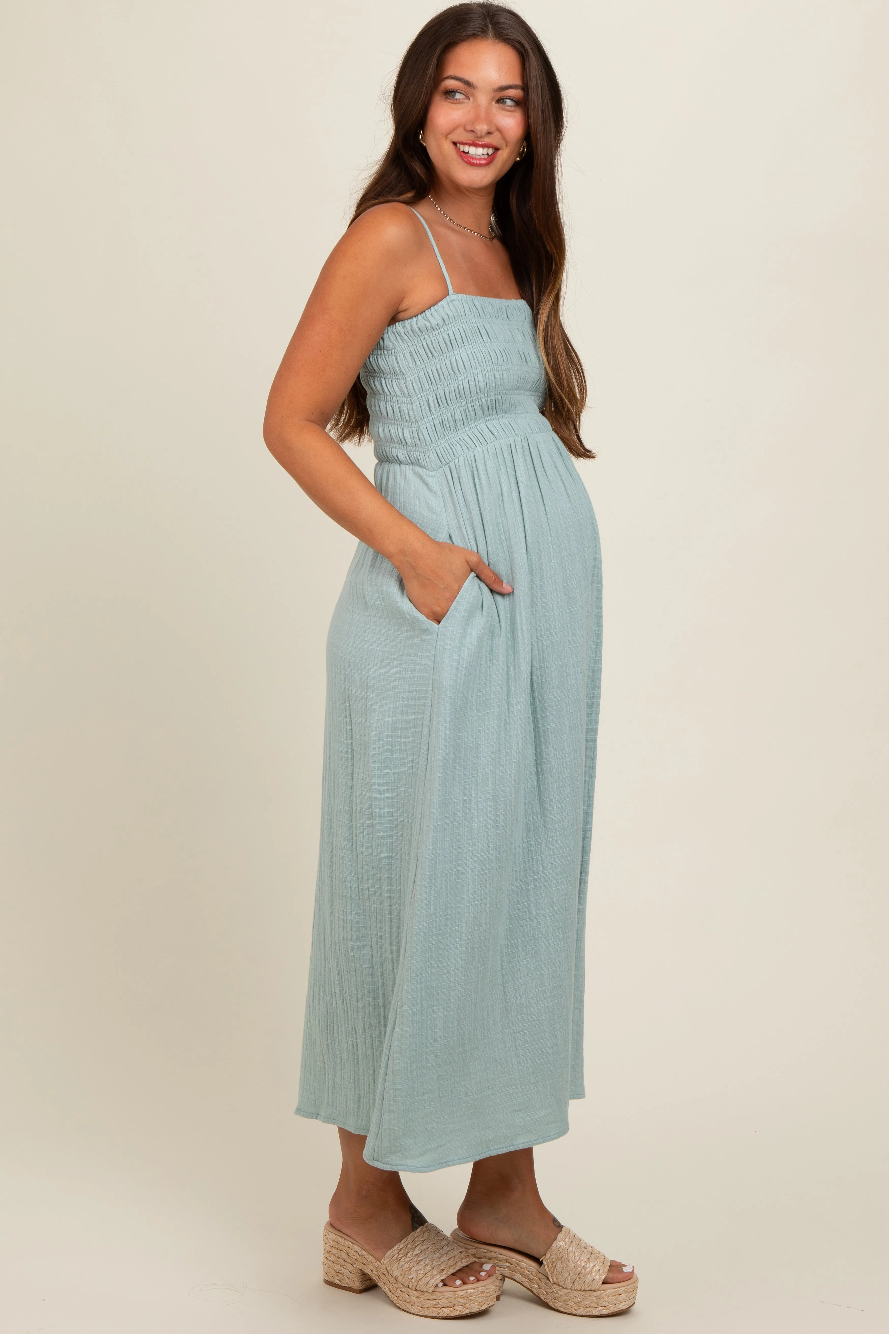 Light Olive Smocked Cotton Gauze Maternity Midi Dress sold by Pinkblush product image thumbnail 3