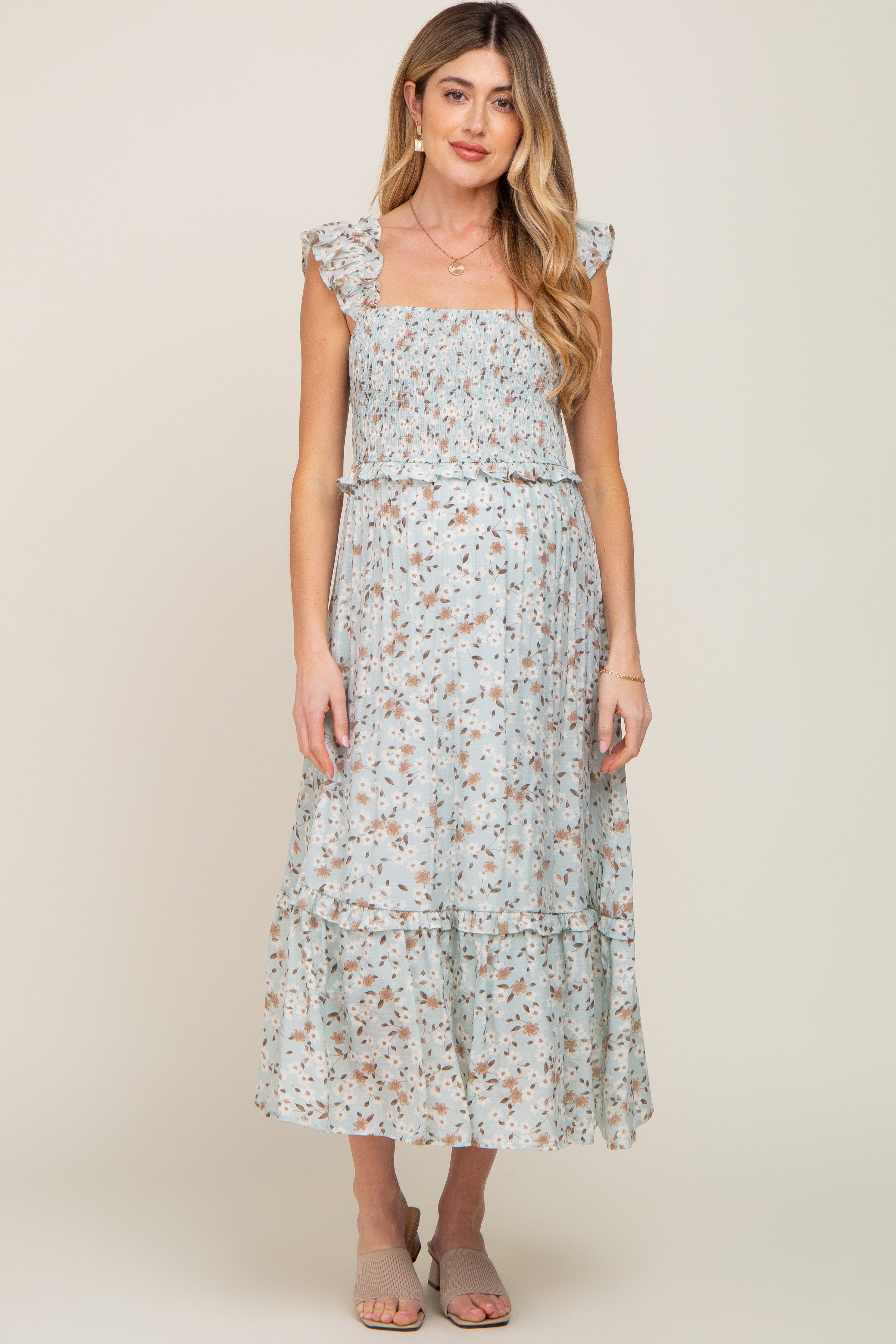 Mint Green Floral Smocked Tiered Maternity Midi Dress sold by Pinkblush product image thumbnail 4