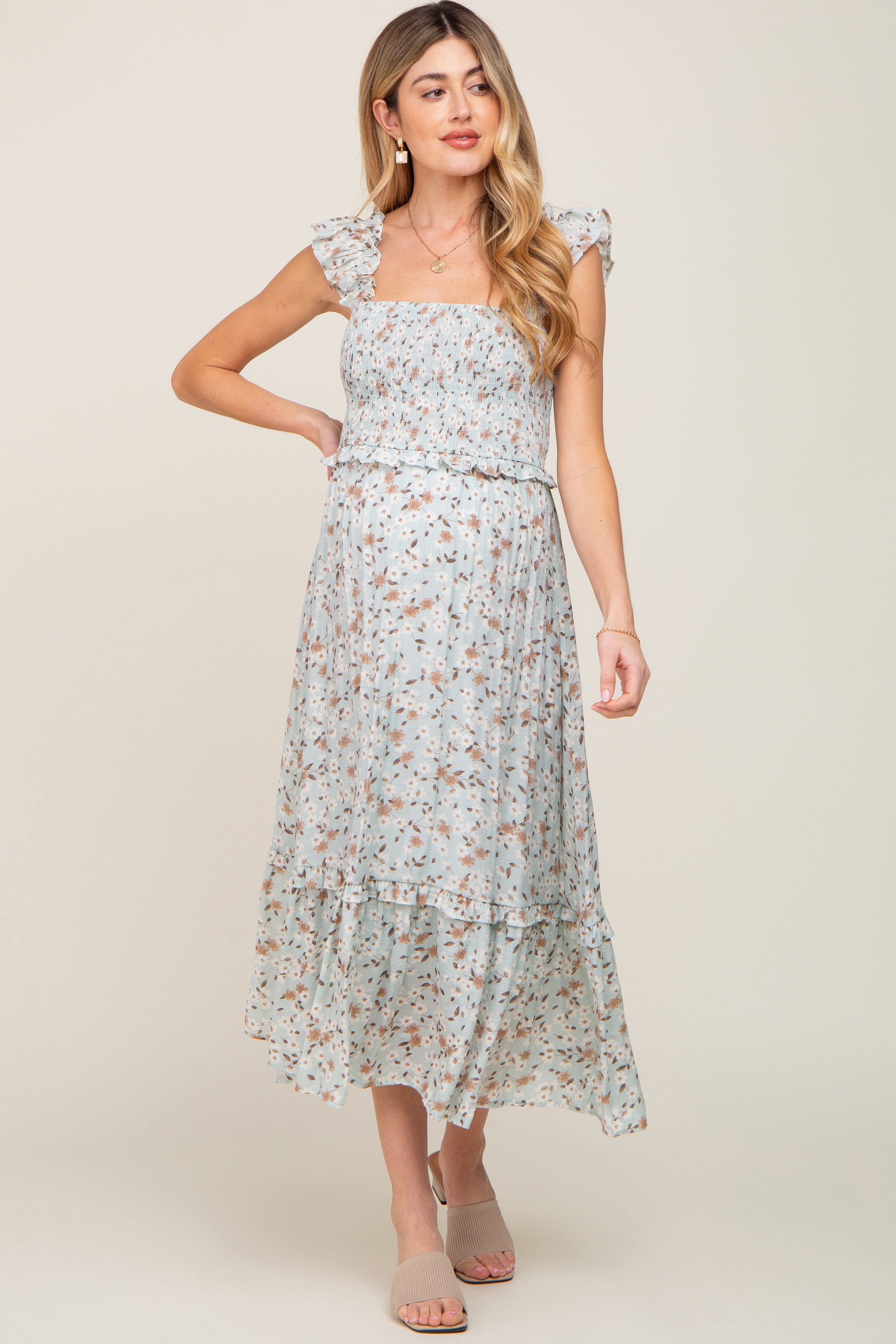 Mint Green Floral Smocked Tiered Maternity Midi Dress sold by Pinkblush