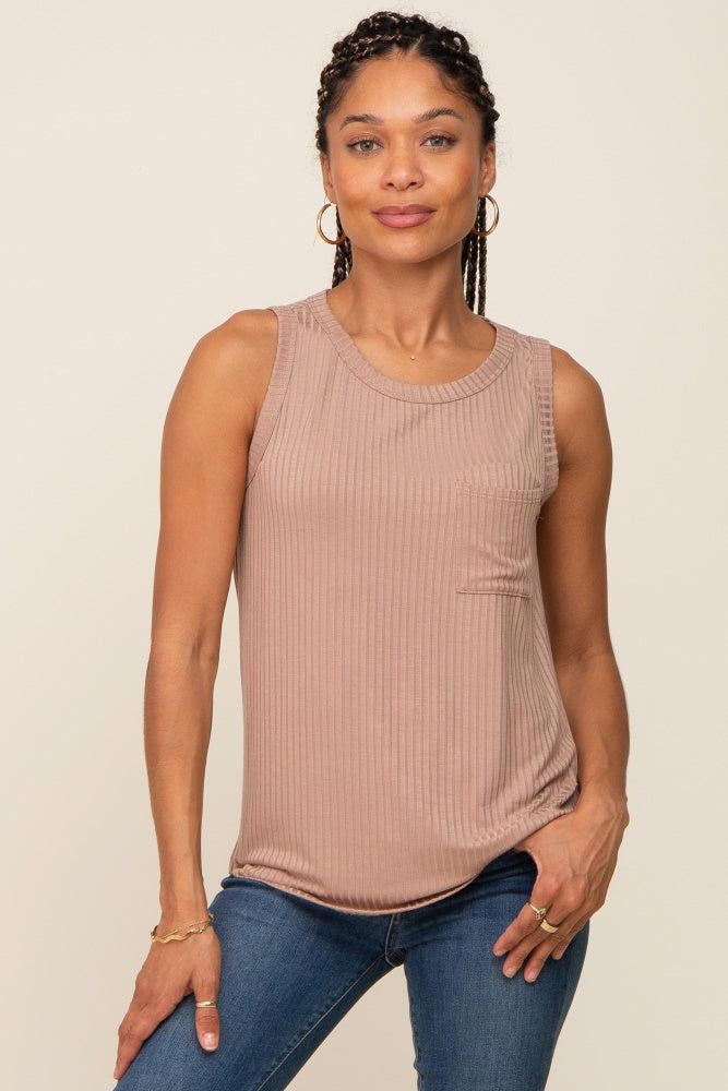 Mocha Sleeveless Ribbed Pocked Top sold by Pinkblush