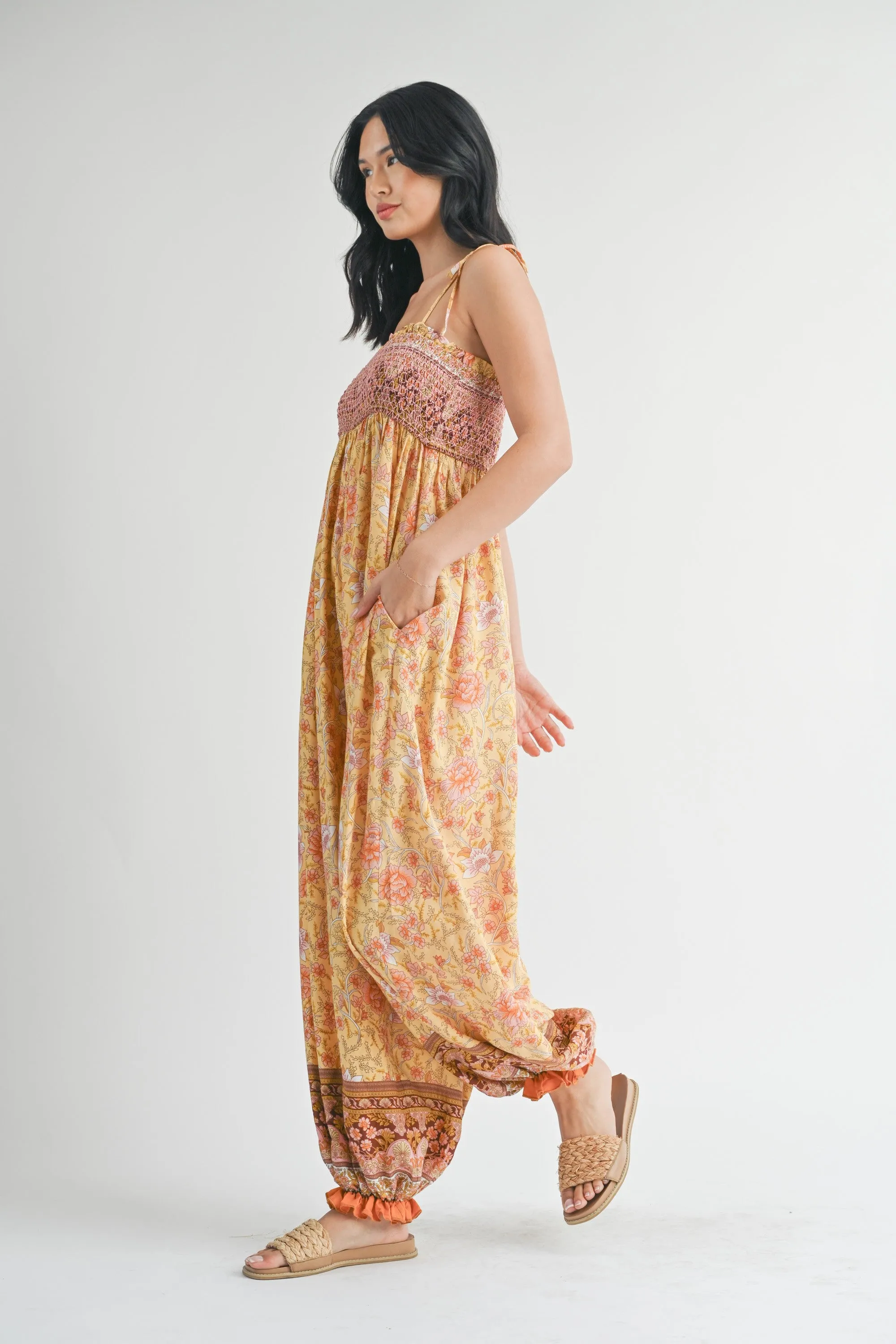 Yellow Floral Border Print Smocked Shoulder Tie Jumpsuit sold by Pinkblush product image thumbnail 2