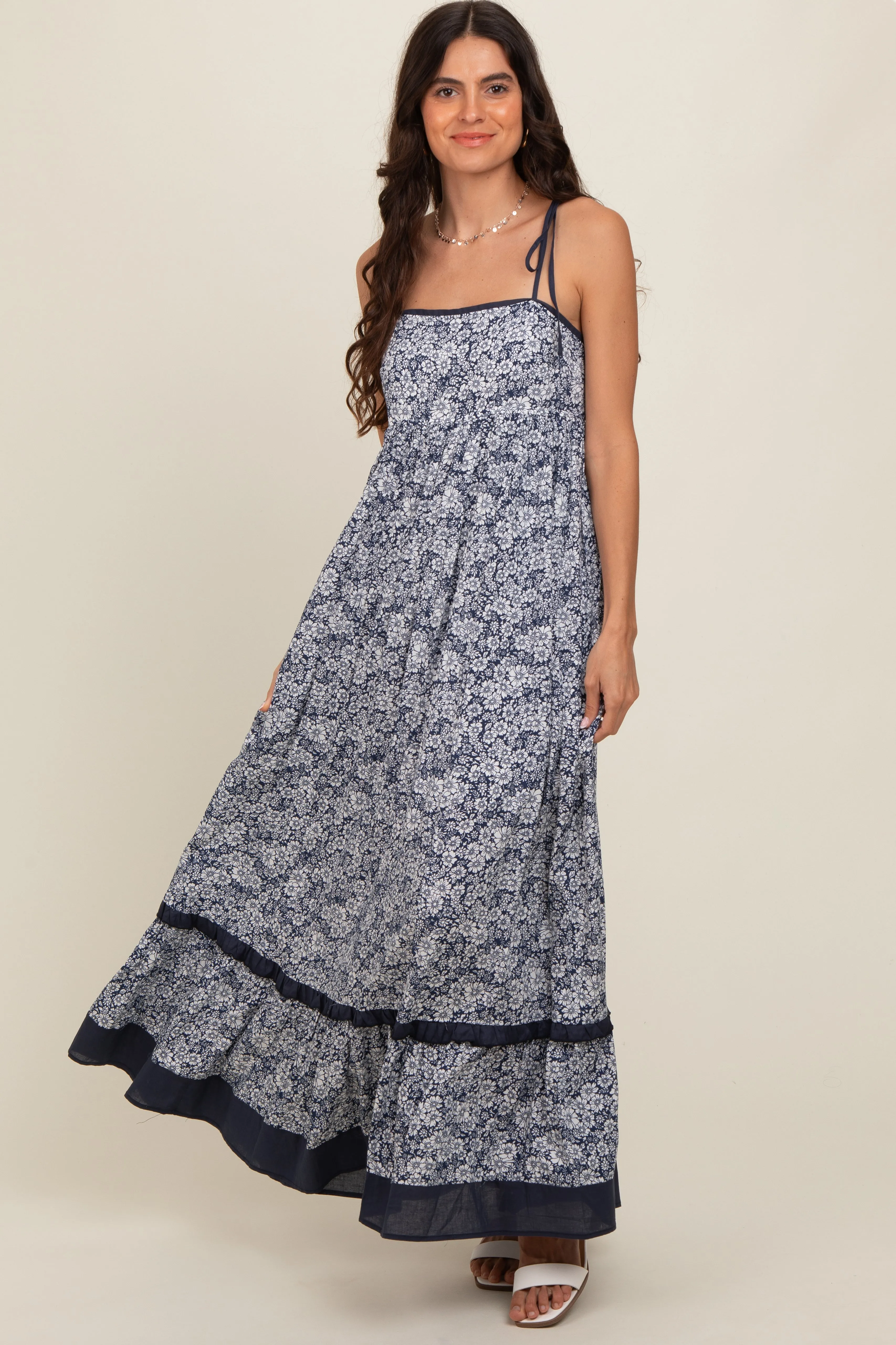 Navy Floral Shoulder Tie Maternity Maxi Dress sold by Pinkblush product image thumbnail 4