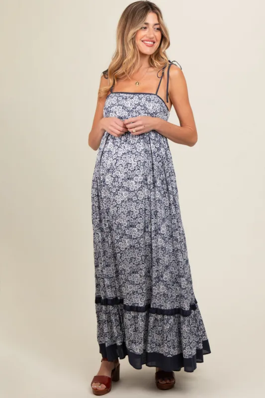 Navy Floral Shoulder Tie Maternity Maxi Dress sold by Pinkblush