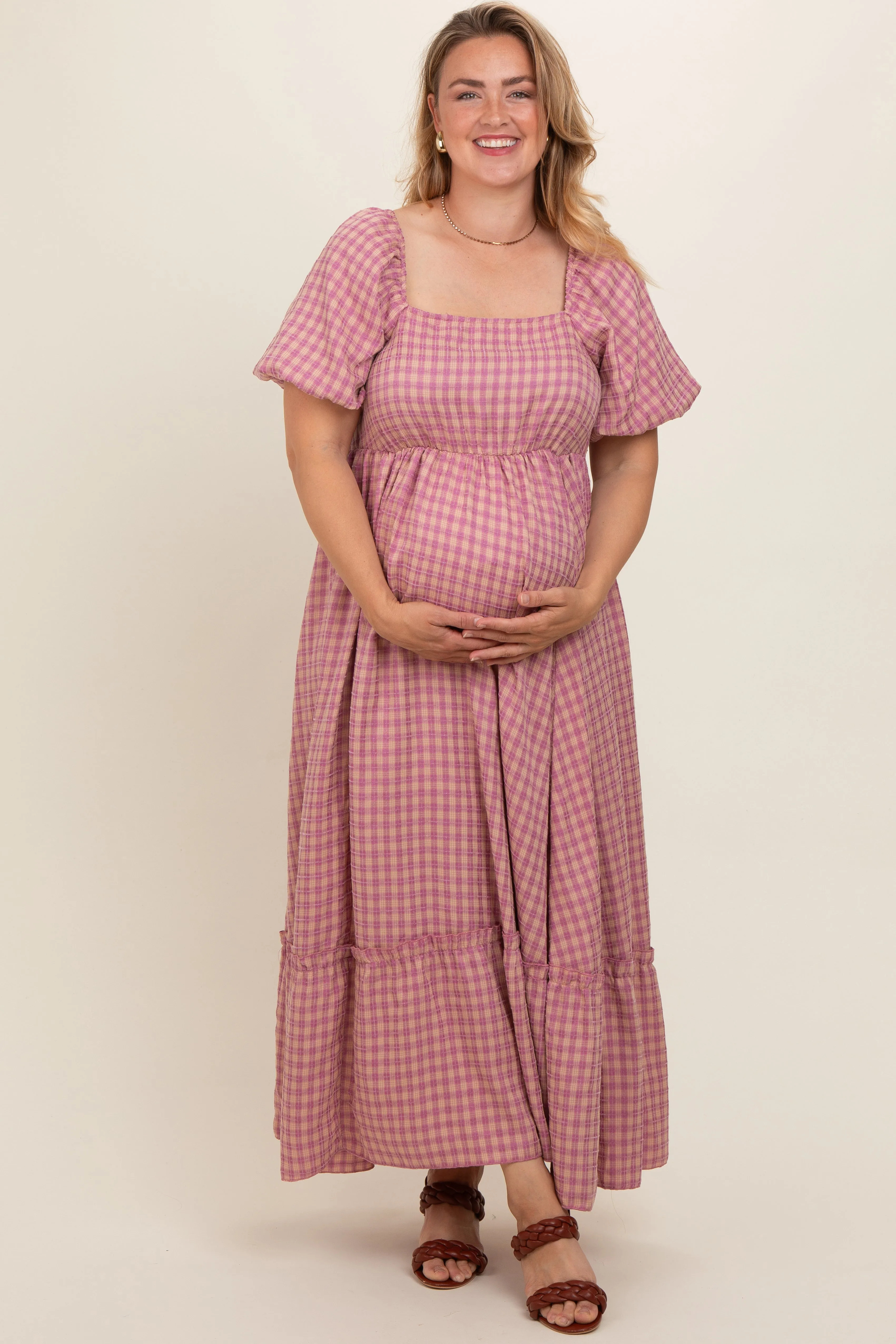 Pink Plaid Puff Sleeve Maternity Plus Maxi Dress sold by Pinkblush product image thumbnail 3