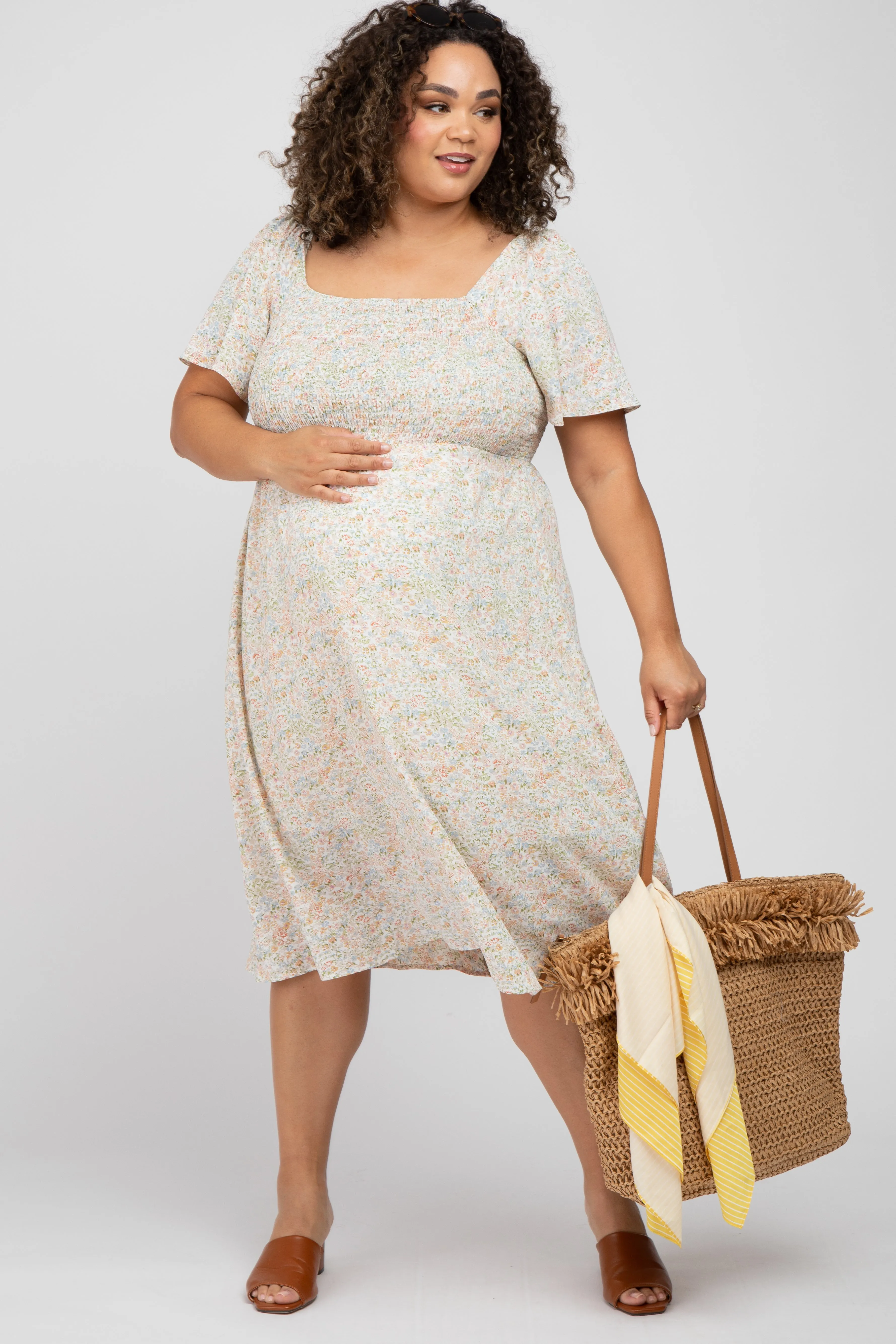 Cream Floral Smocked Square Neck Maternity Midi Dress sold by Pinkblush