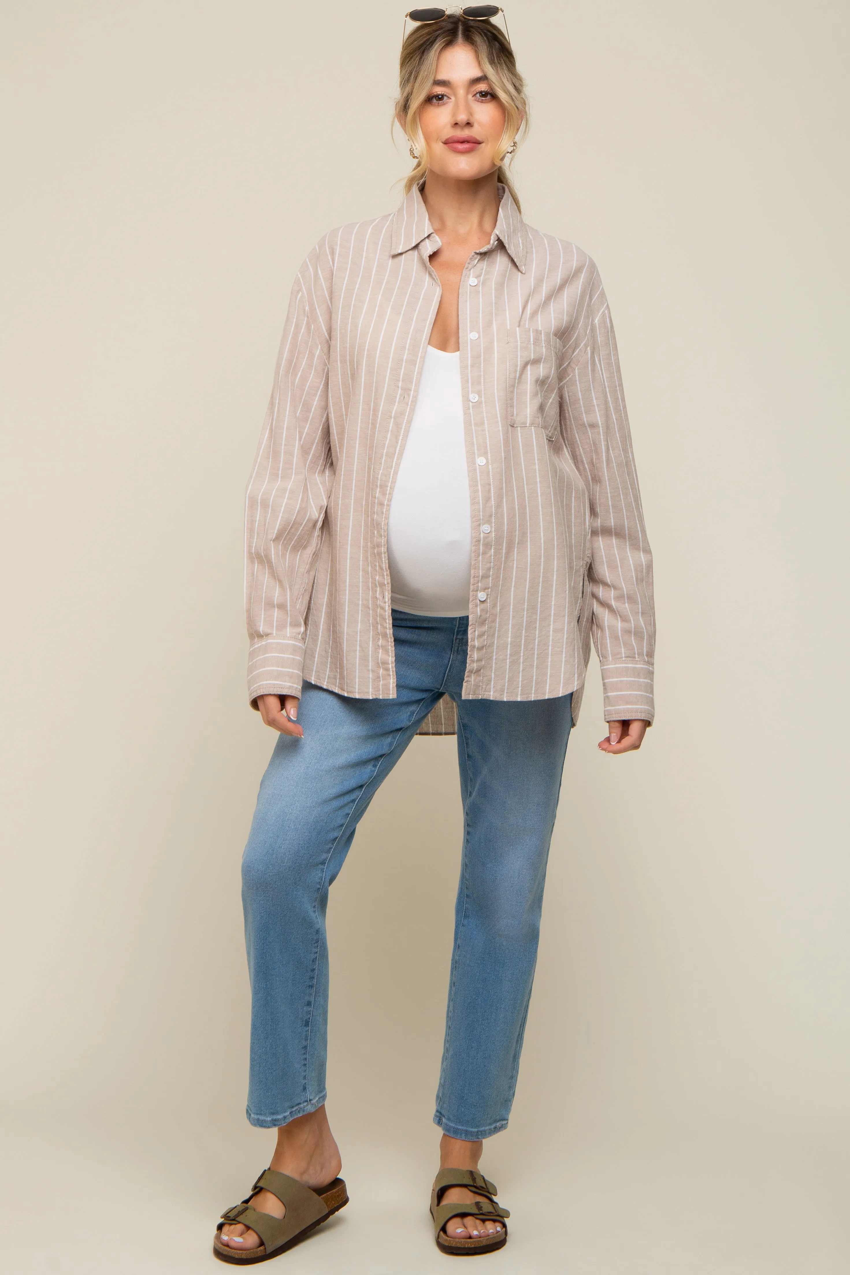 Beige Striped Button Up Long Sleeve Linen Maternity Top sold by Pinkblush product image thumbnail 5