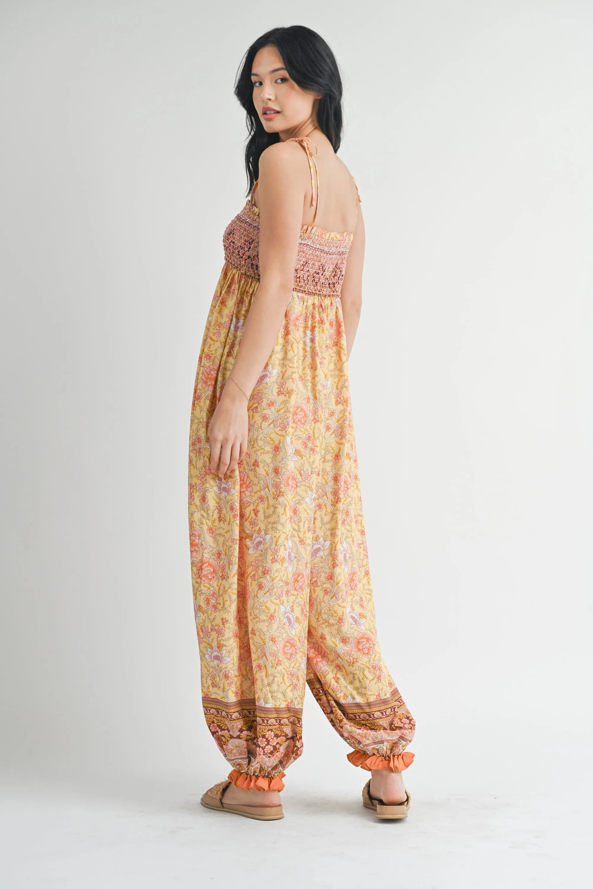 Yellow Floral Border Print Smocked Shoulder Tie Jumpsuit sold by Pinkblush product image thumbnail 3