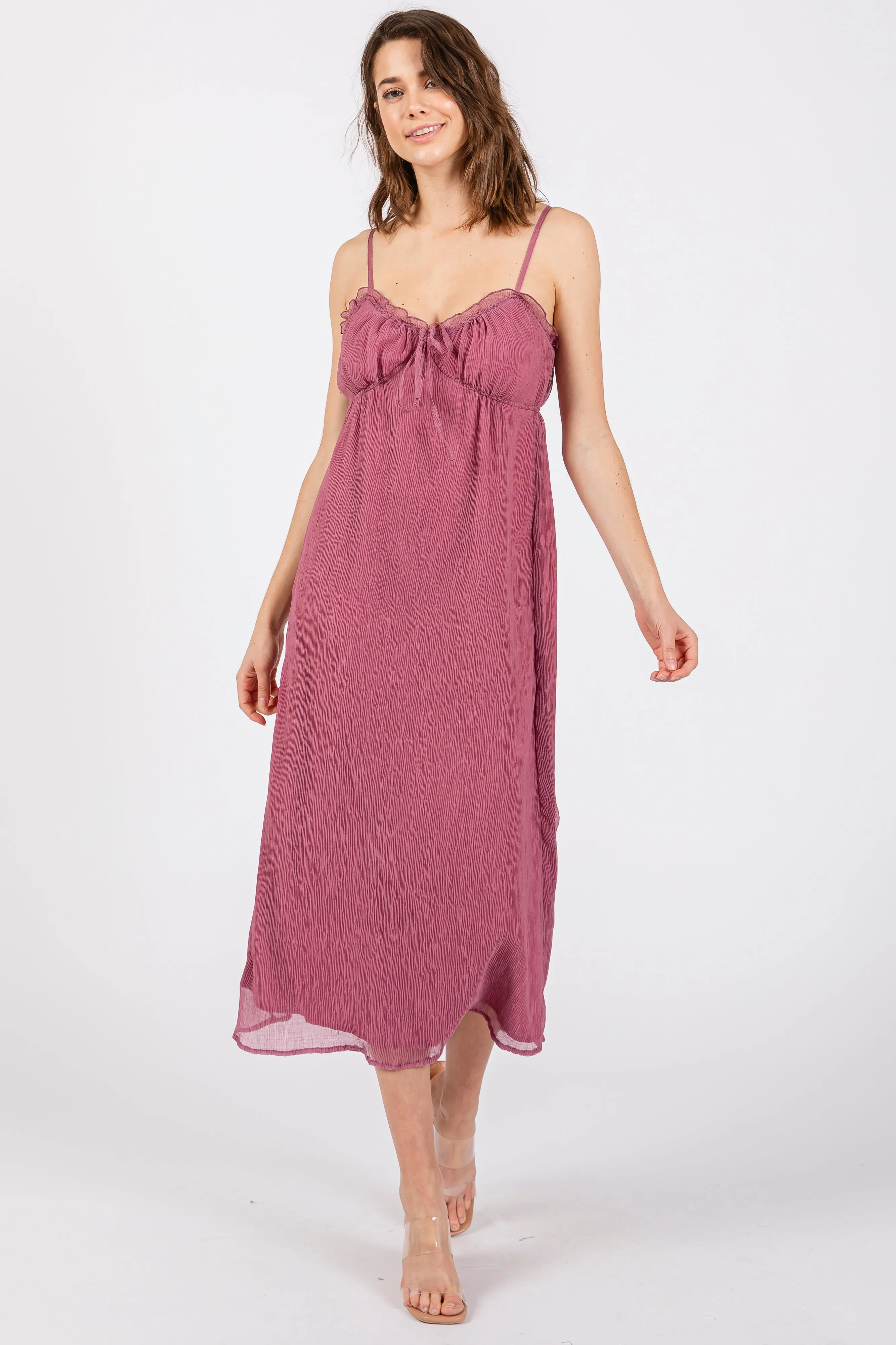 Magenta Ruffle V-Neck Sleeveless Midi Dress sold by Pinkblush product image thumbnail 2