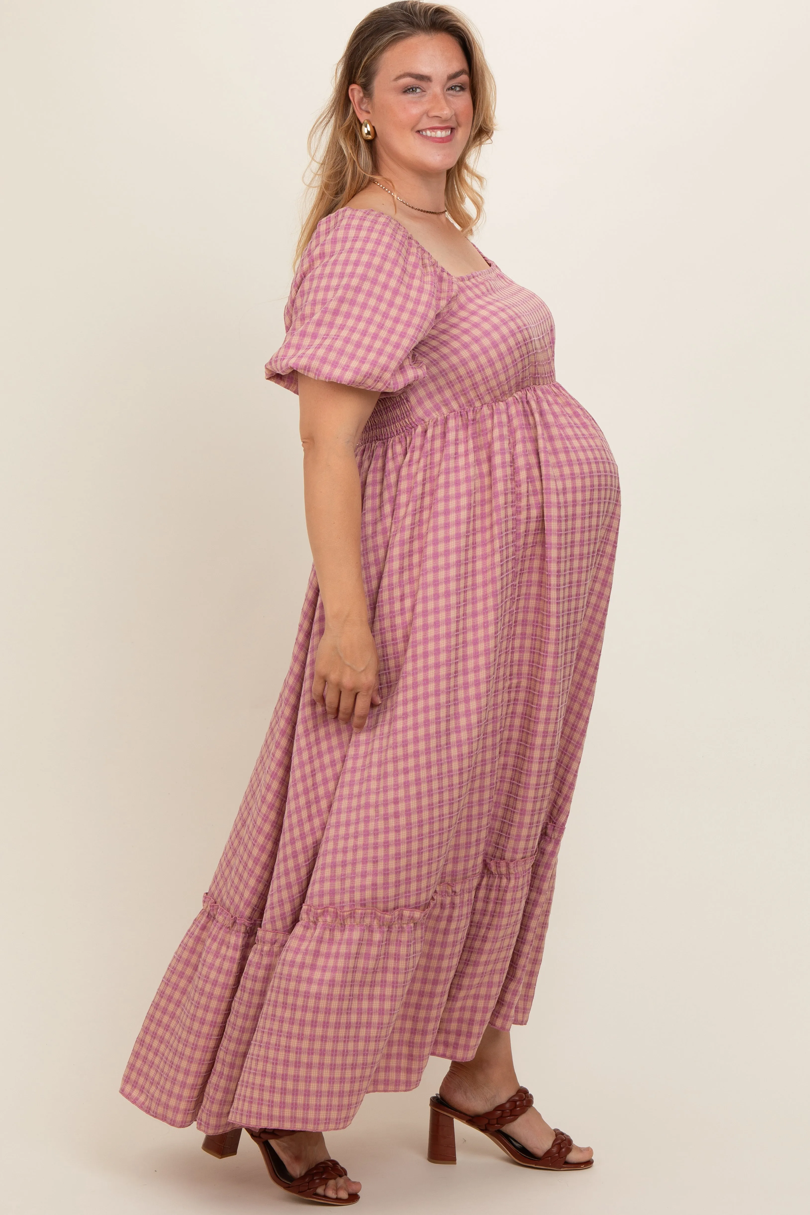 Pink Plaid Puff Sleeve Maternity Plus Maxi Dress sold by Pinkblush product image thumbnail 4