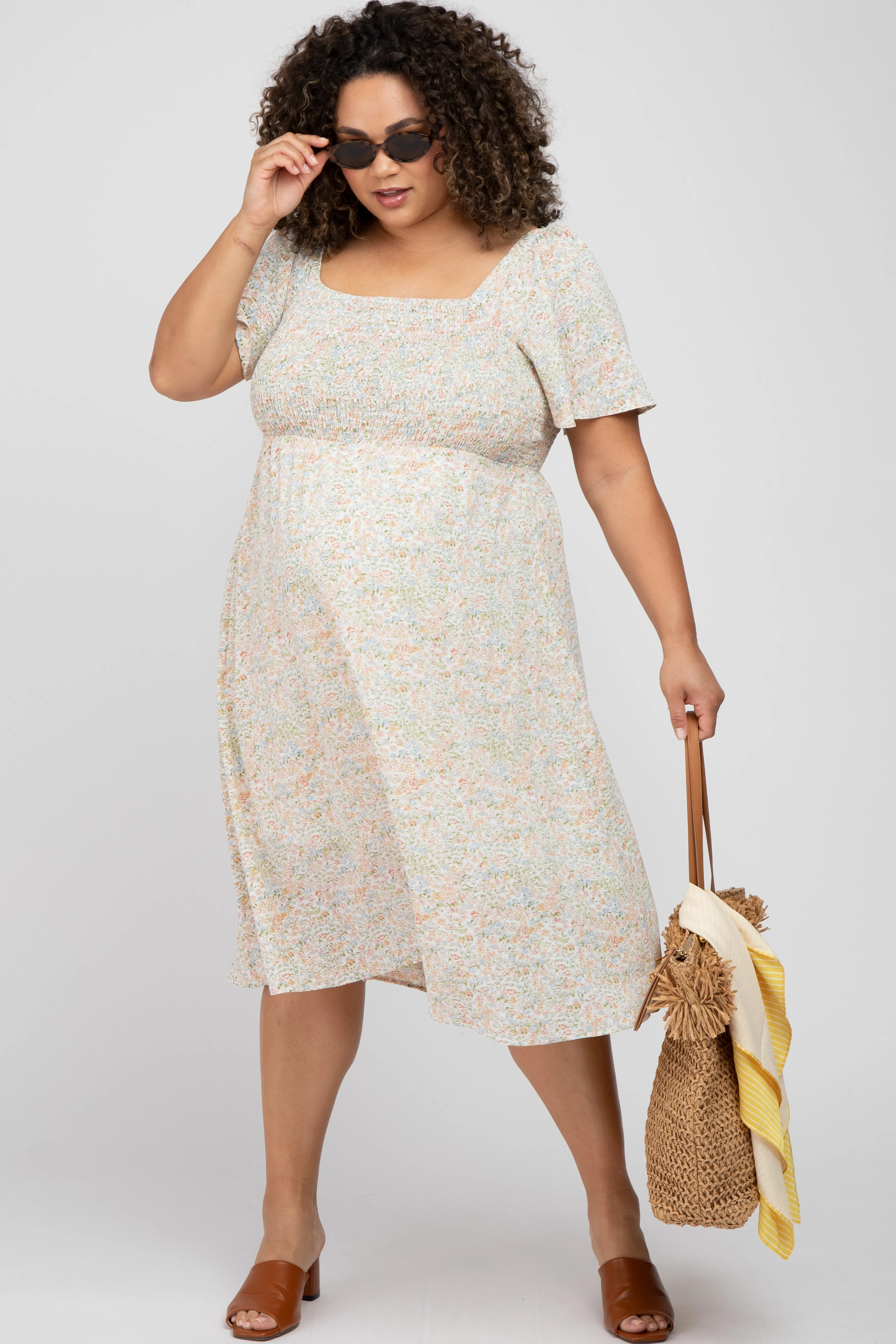 Cream Floral Smocked Square Neck Maternity Midi Dress sold by Pinkblush product image thumbnail 5