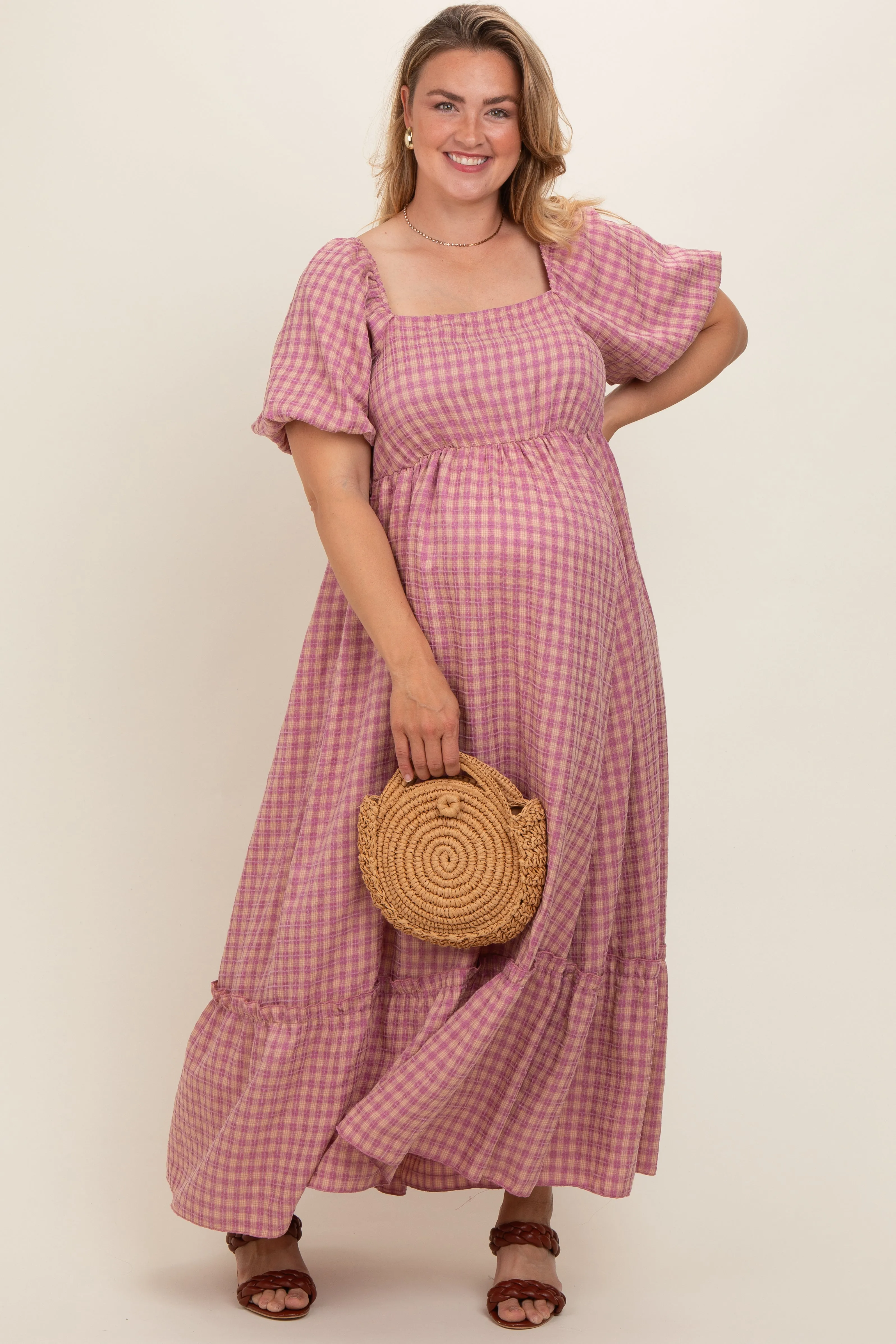 Pink Plaid Puff Sleeve Maternity Plus Maxi Dress sold by Pinkblush