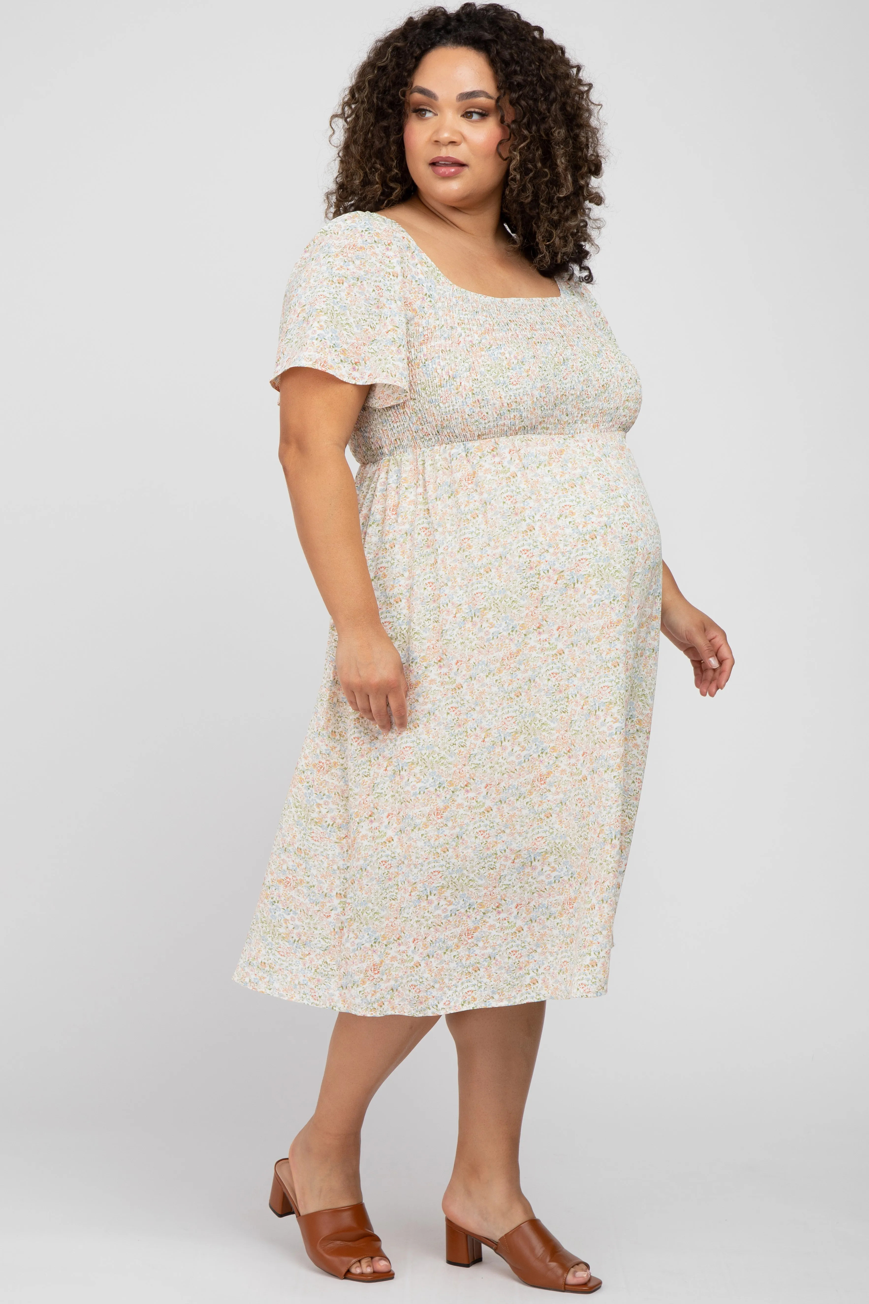 Cream Floral Smocked Square Neck Maternity Midi Dress sold by Pinkblush product image thumbnail 2