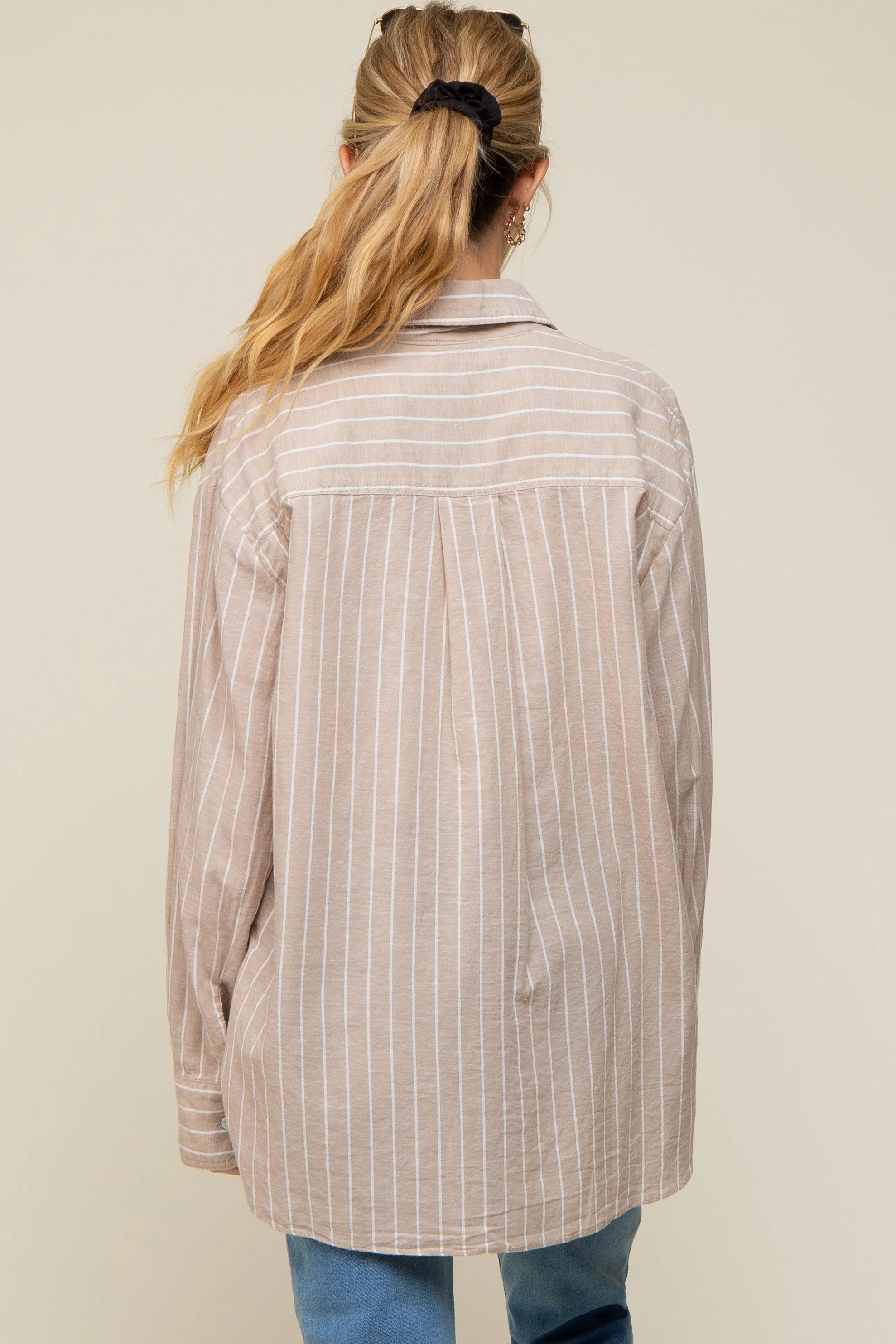 Beige Striped Button Up Long Sleeve Linen Maternity Top sold by Pinkblush product image thumbnail 3