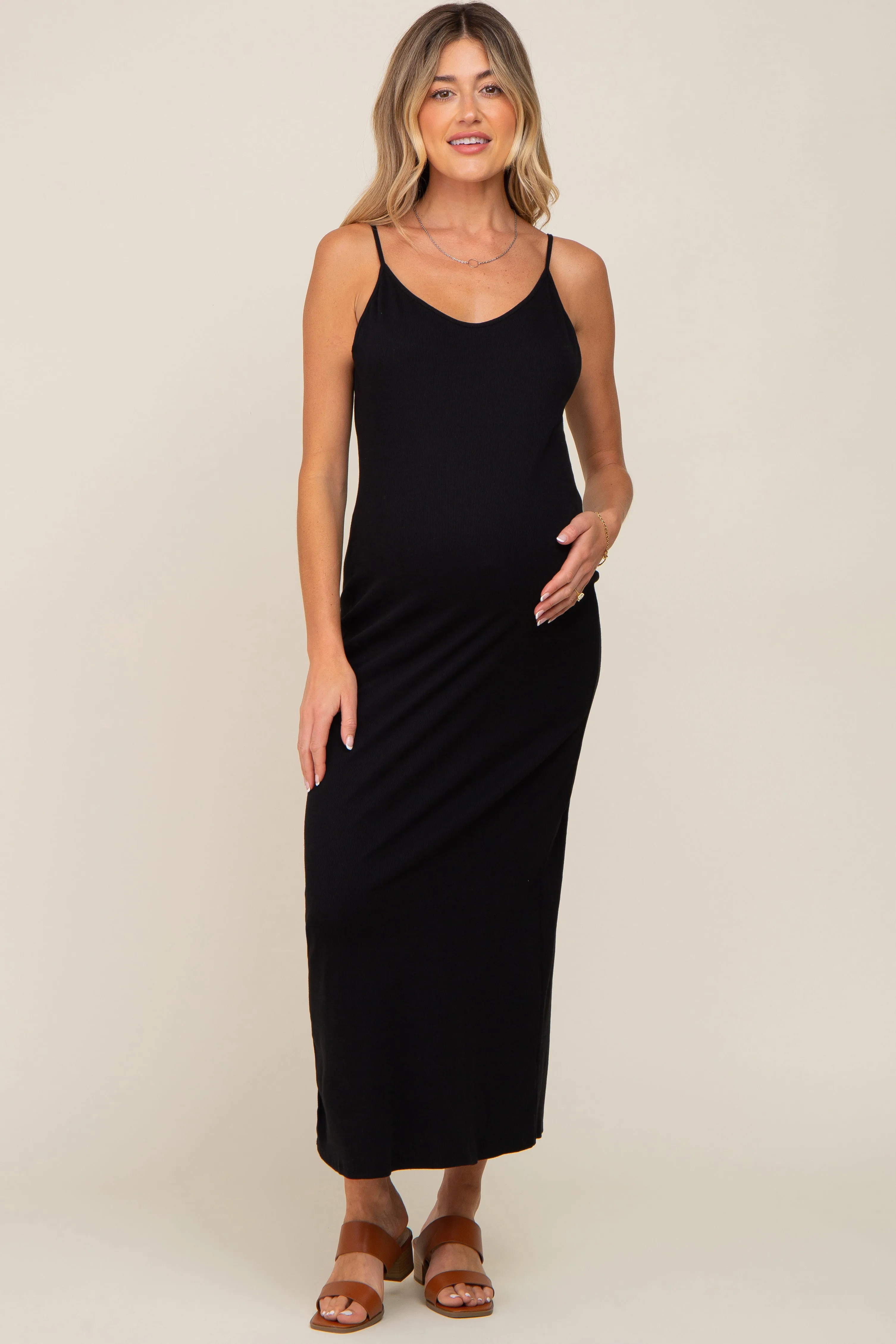 Black Ribbed Sleeveless Maternity Maxi Dress sold by Pinkblush product image thumbnail 4