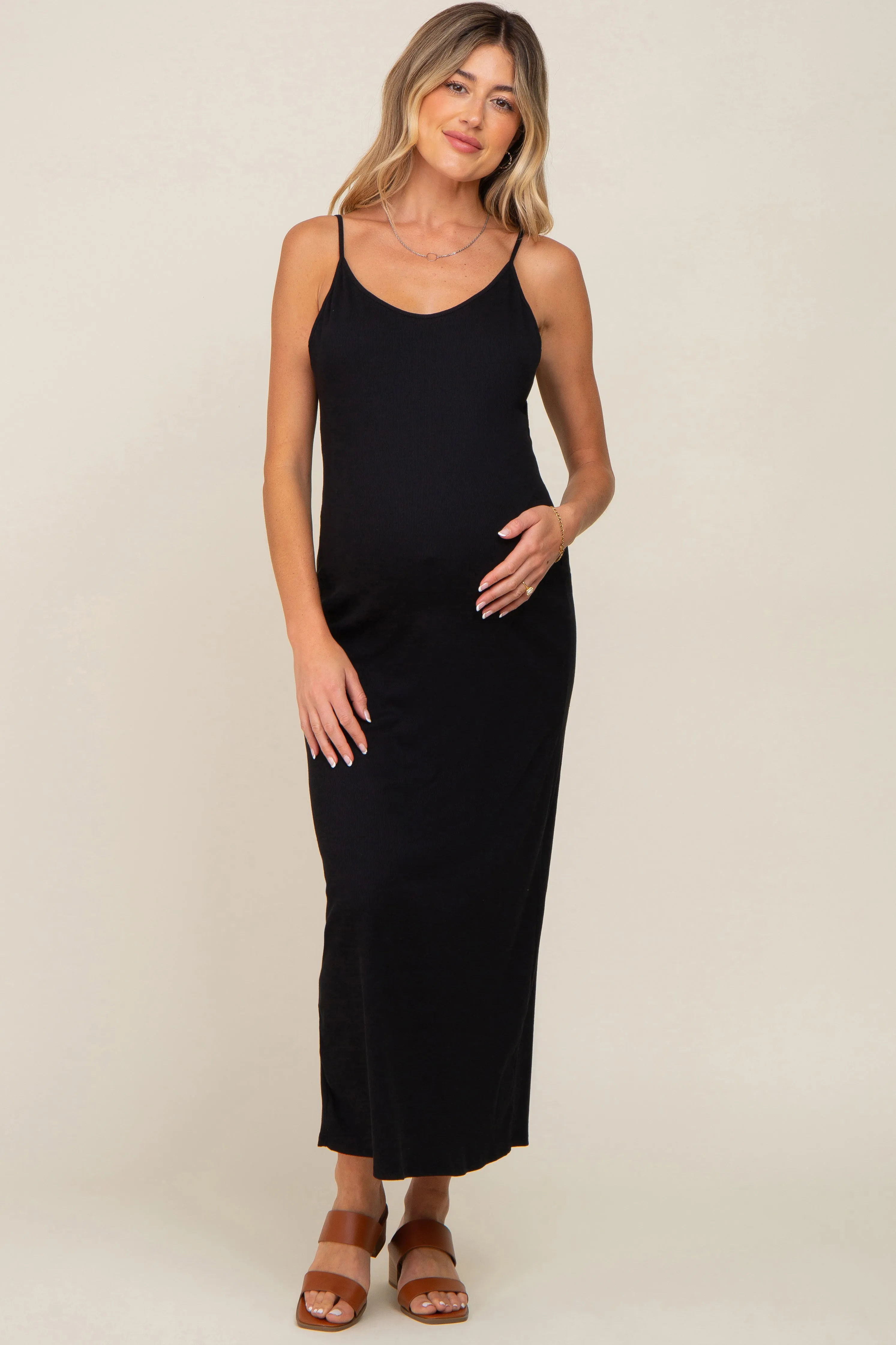 Black Ribbed Sleeveless Maternity Maxi Dress sold by Pinkblush