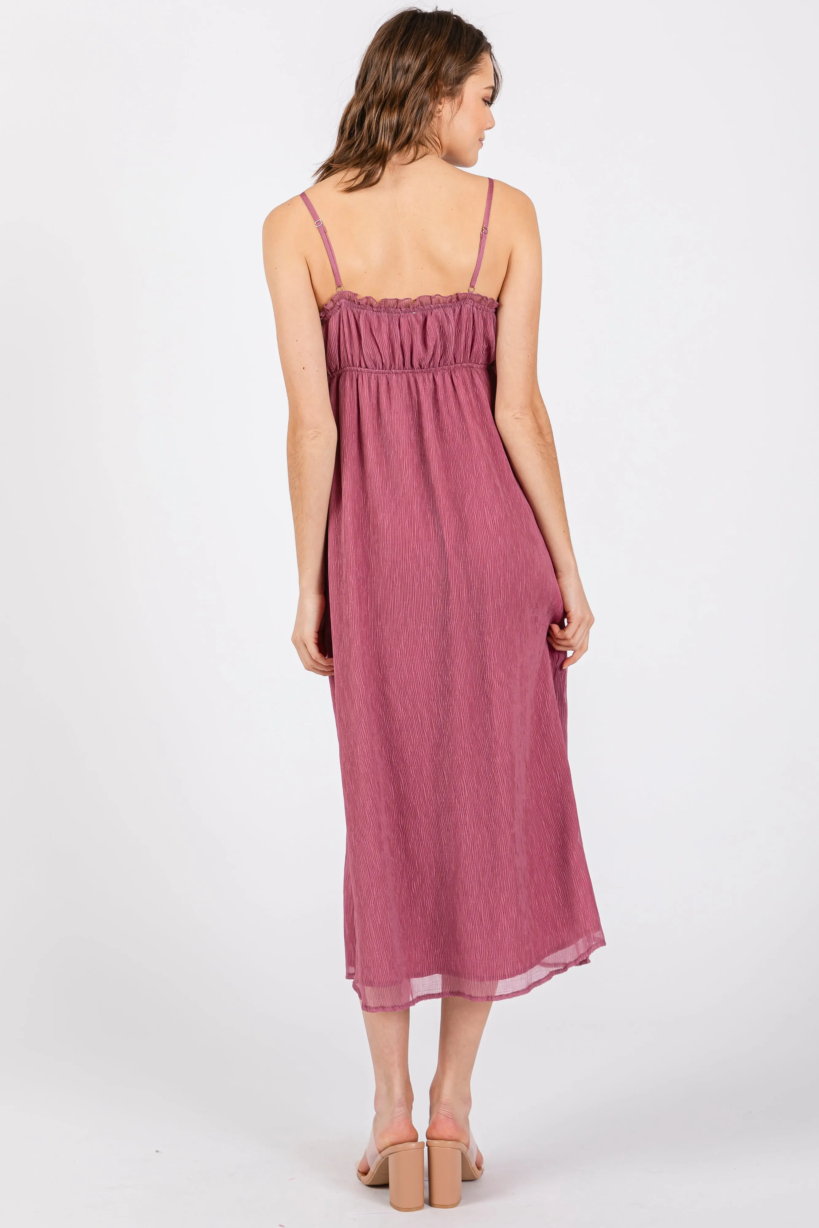 Magenta Ruffle V-Neck Sleeveless Midi Dress sold by Pinkblush product image thumbnail 3