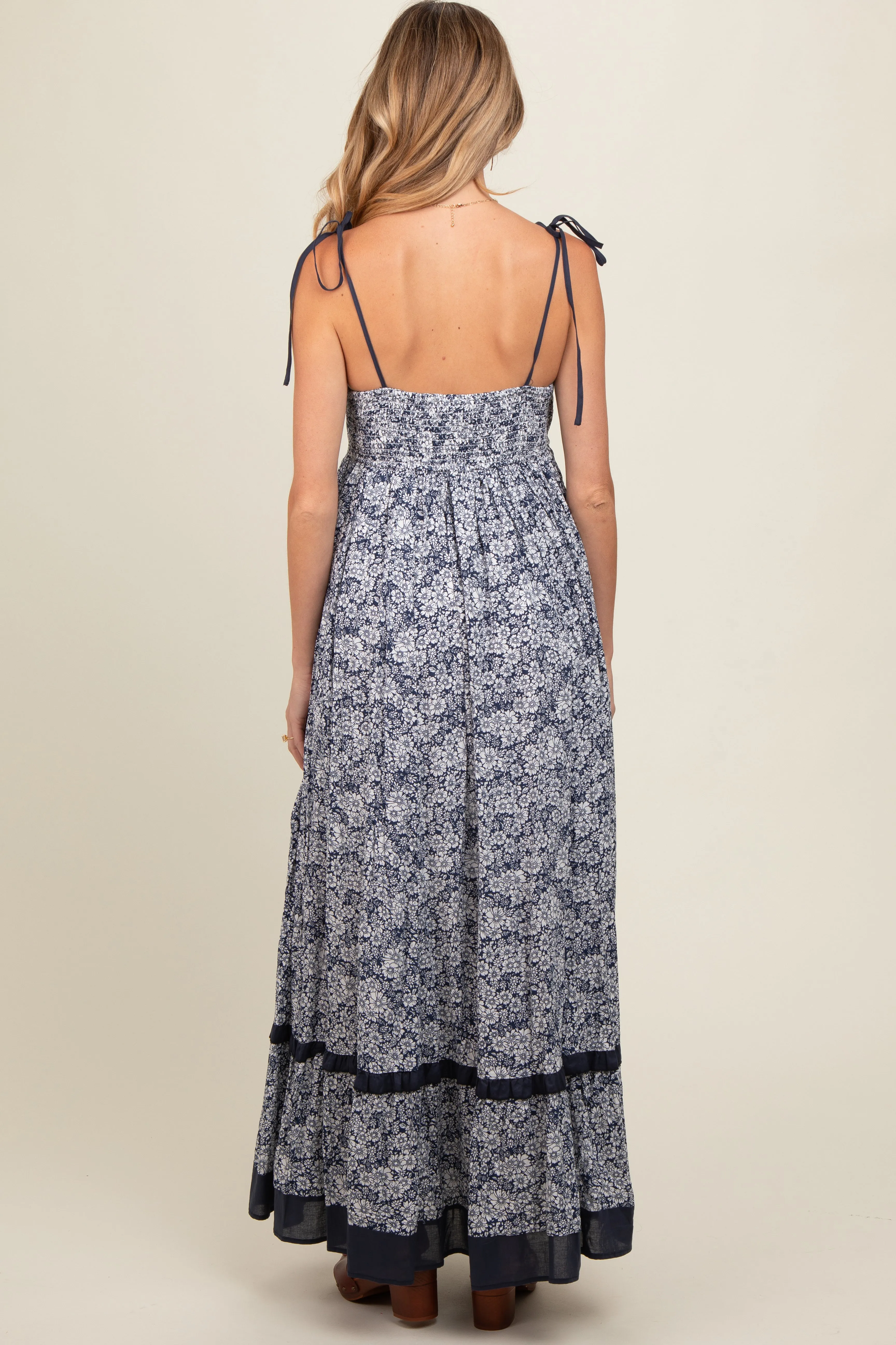 Navy Floral Shoulder Tie Maternity Maxi Dress sold by Pinkblush product image thumbnail 3