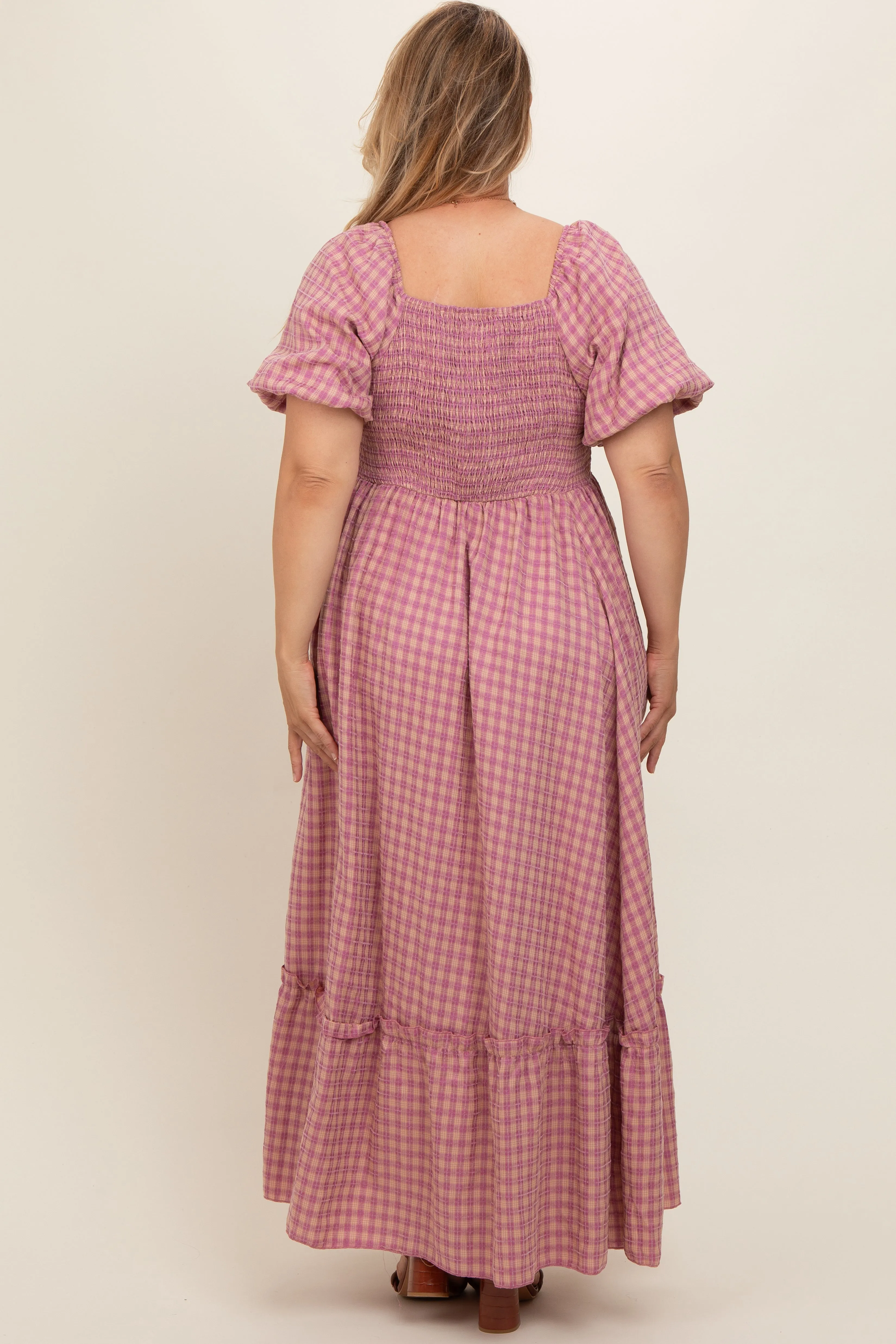 Pink Plaid Puff Sleeve Maternity Plus Maxi Dress sold by Pinkblush product image thumbnail 5