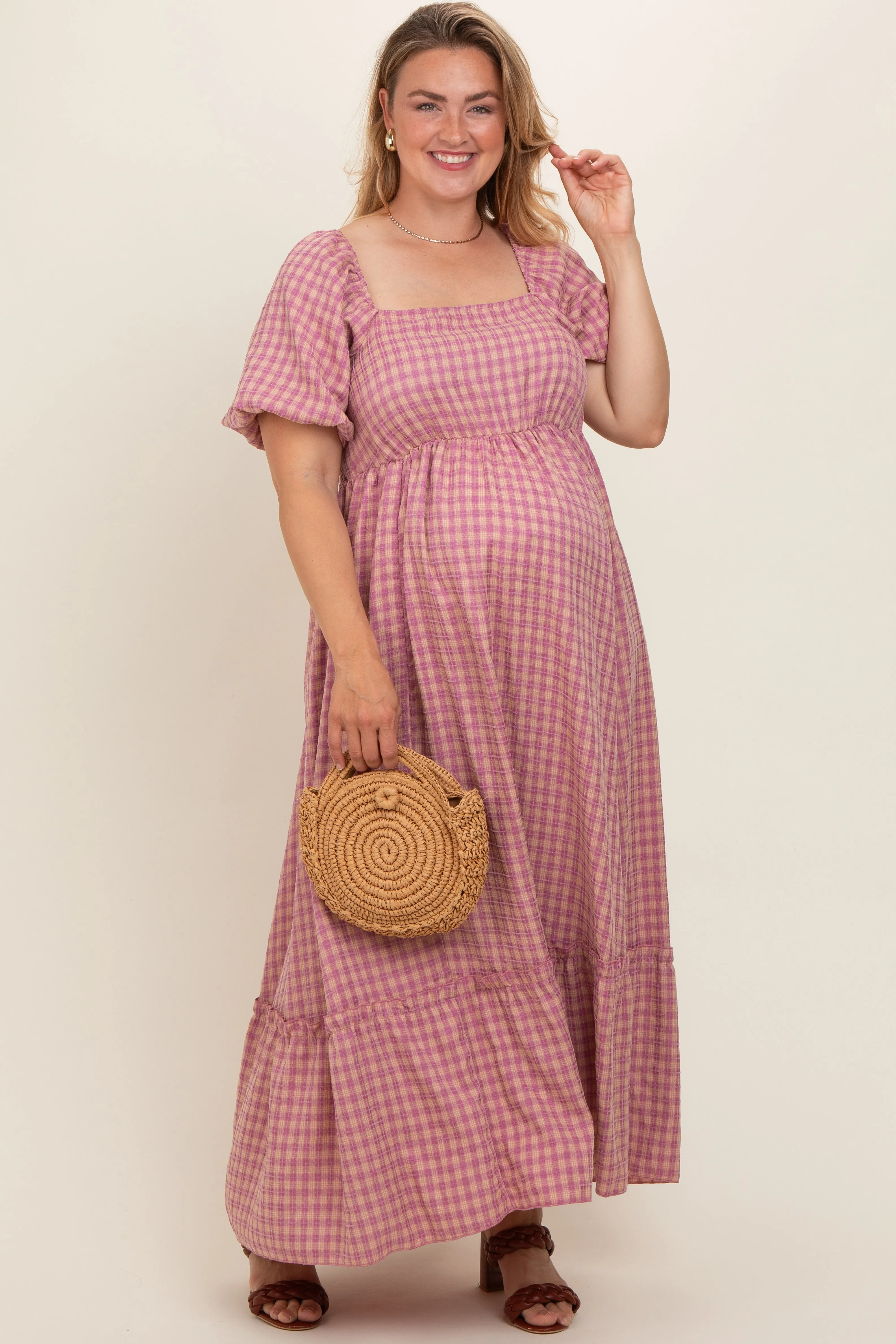 Pink Plaid Puff Sleeve Maternity Plus Maxi Dress sold by Pinkblush product image thumbnail 2