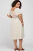 Cream Floral Smocked Square Neck Maternity Midi Dress sold by Pinkblush
